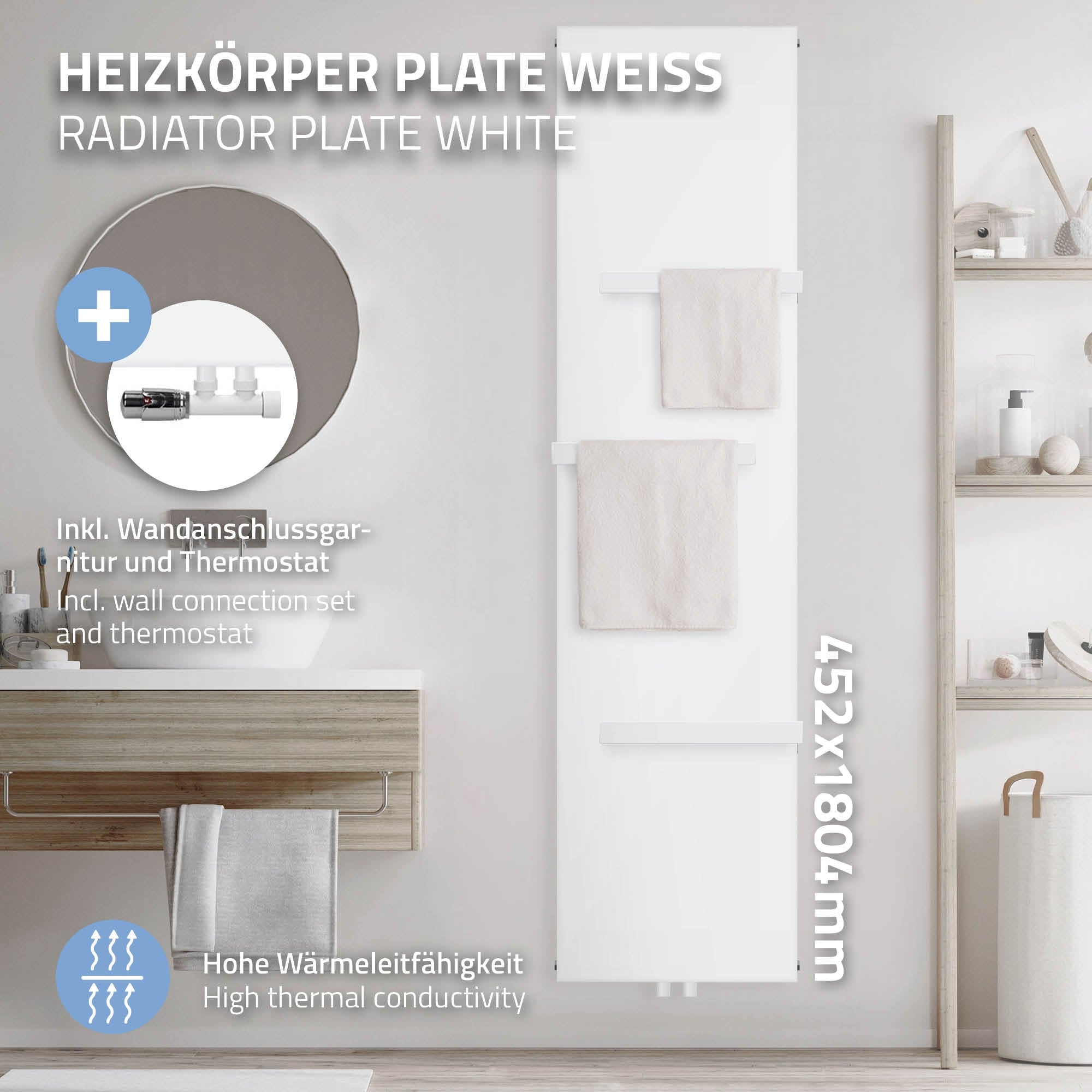 White radiator with wall connection and two towels.