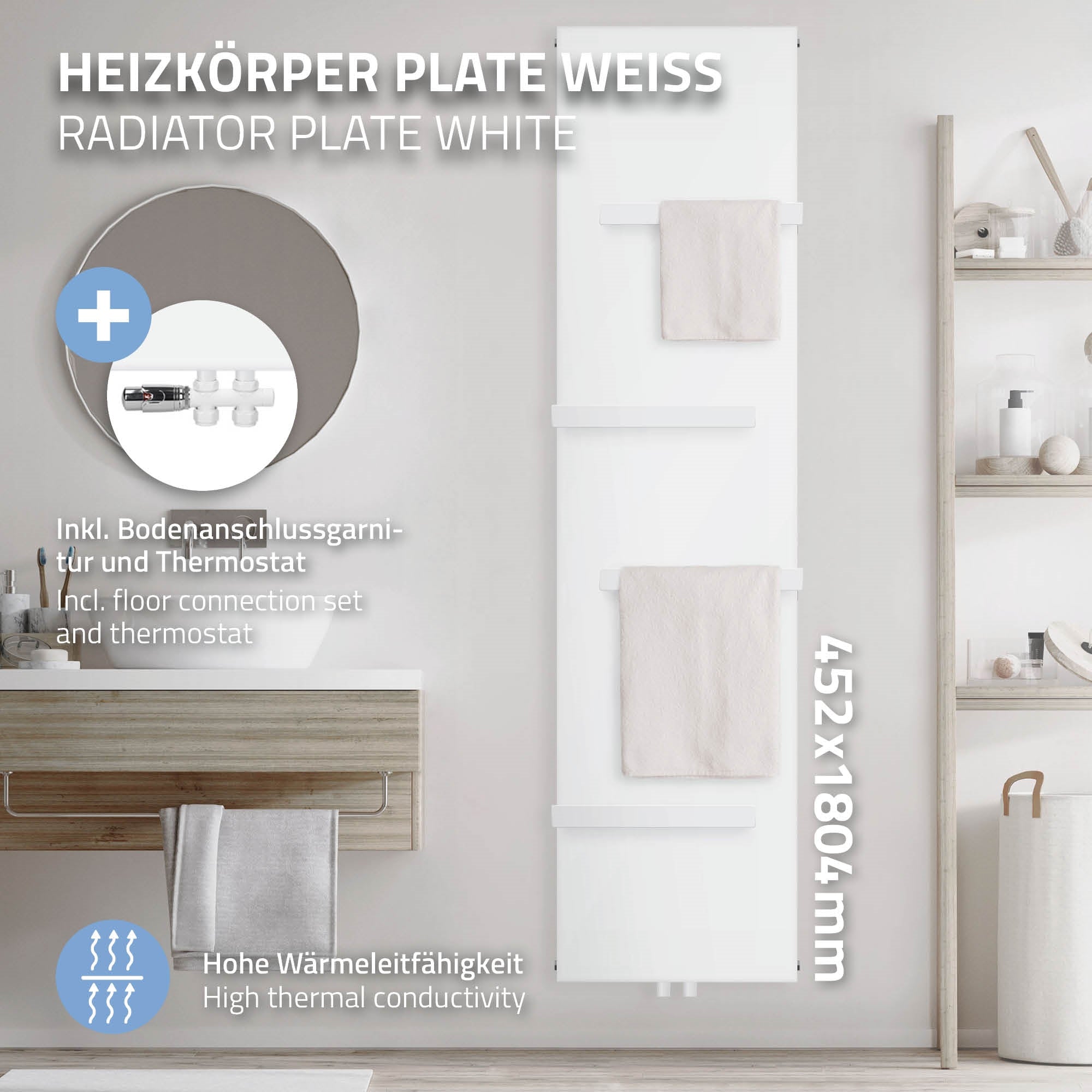 White radiator with two towels and mirror in the bathroom.