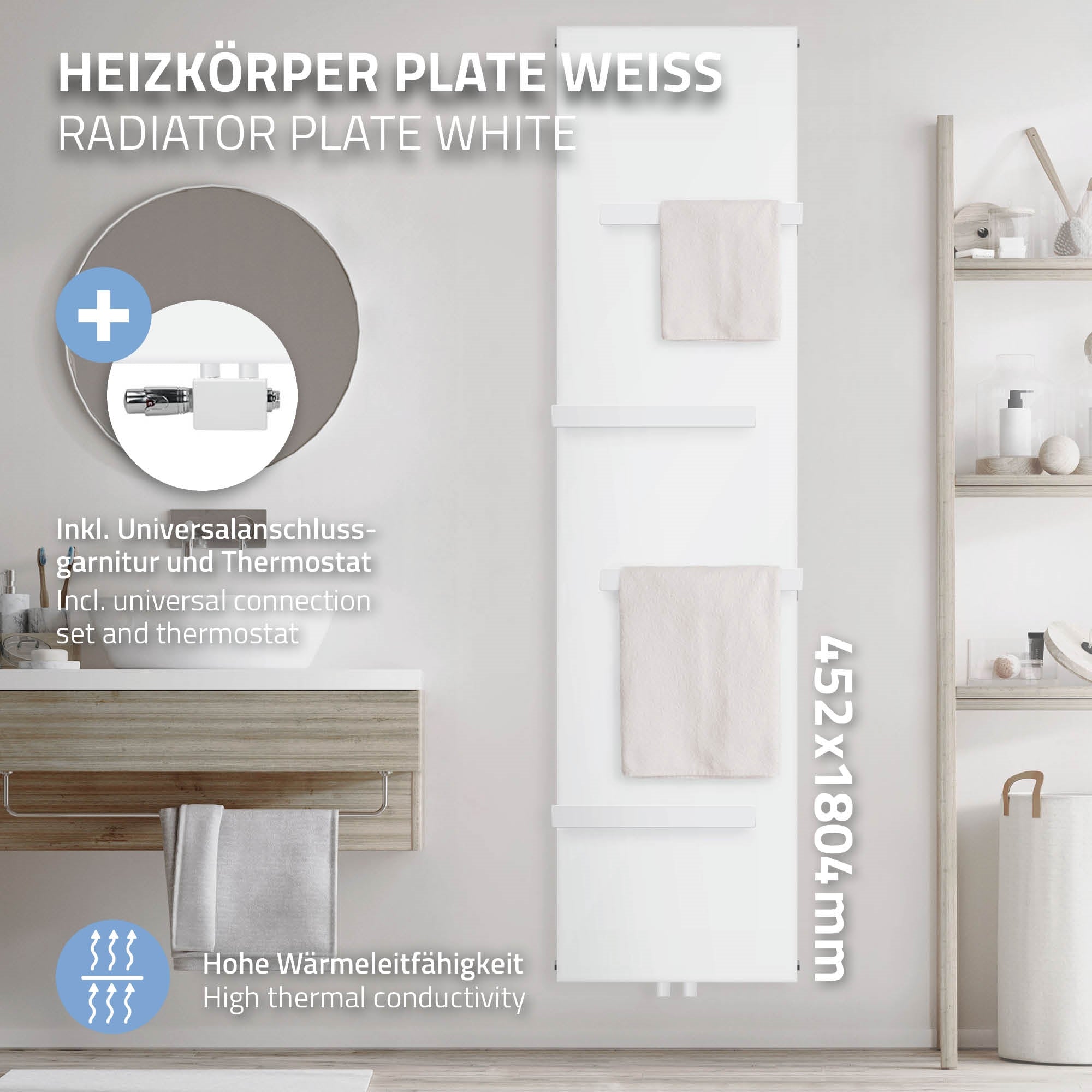 Heizkörper in Weiß mit Handtuchhaltern und Thermostat.