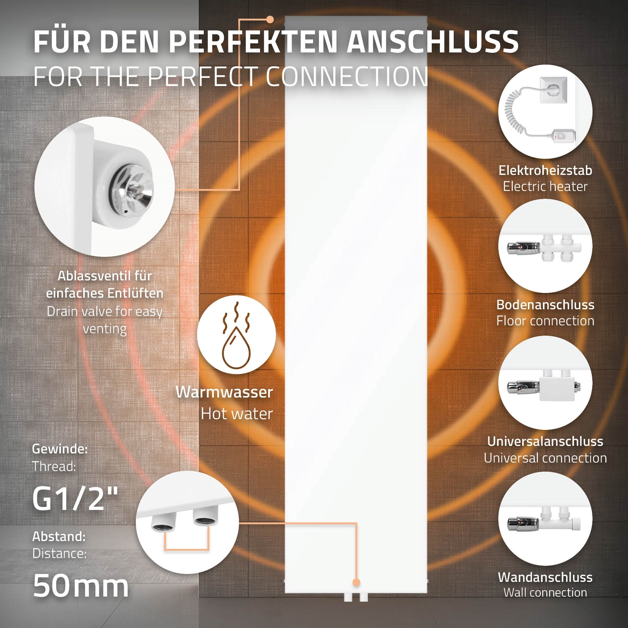 White radiator with two towels, dimensions 452x1804mm.