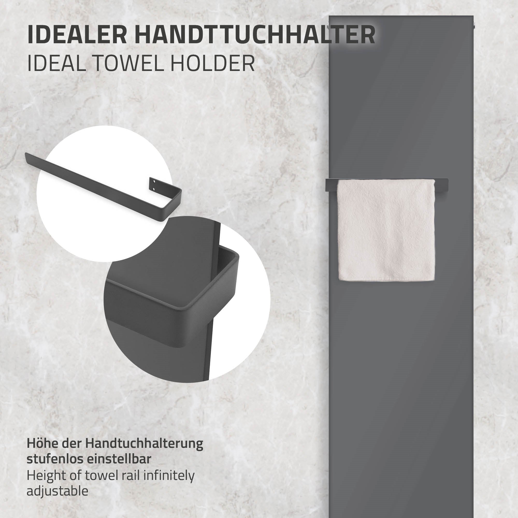 Handtuchhalter in Anthrazit mit Handtuch, stufenlos einstellbar.