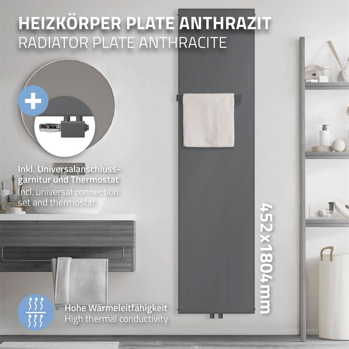 Anthrazitfarbener Heizkörper mit Handtuchhalter und Thermostat in einem Badezimmer.