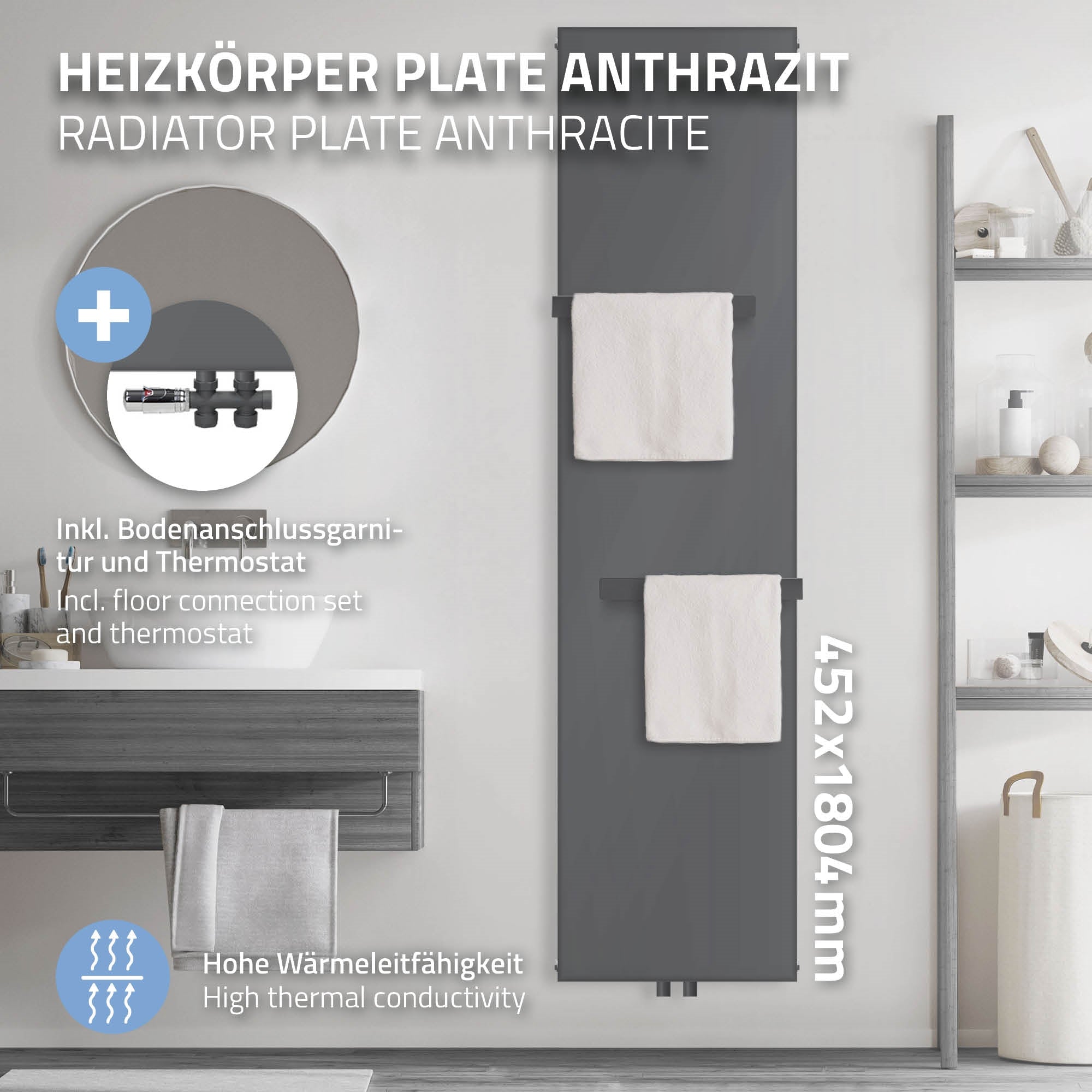 Anthrazitfarbener Heizkörper mit zwei Handtüchern und Zubehör.