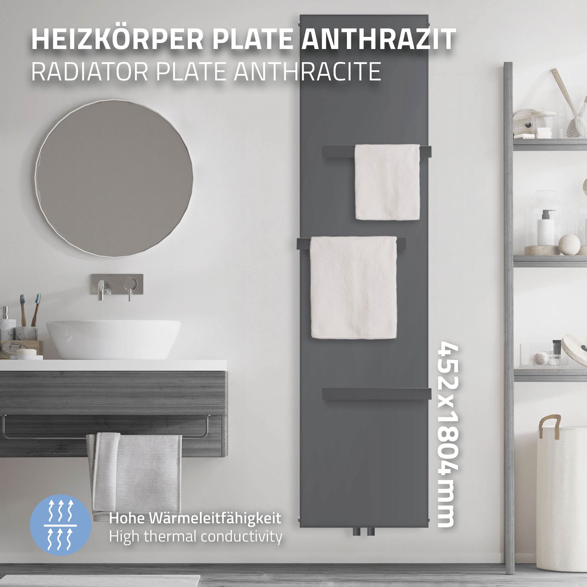 Radiador color antracita con soportes para toallas en un baño.