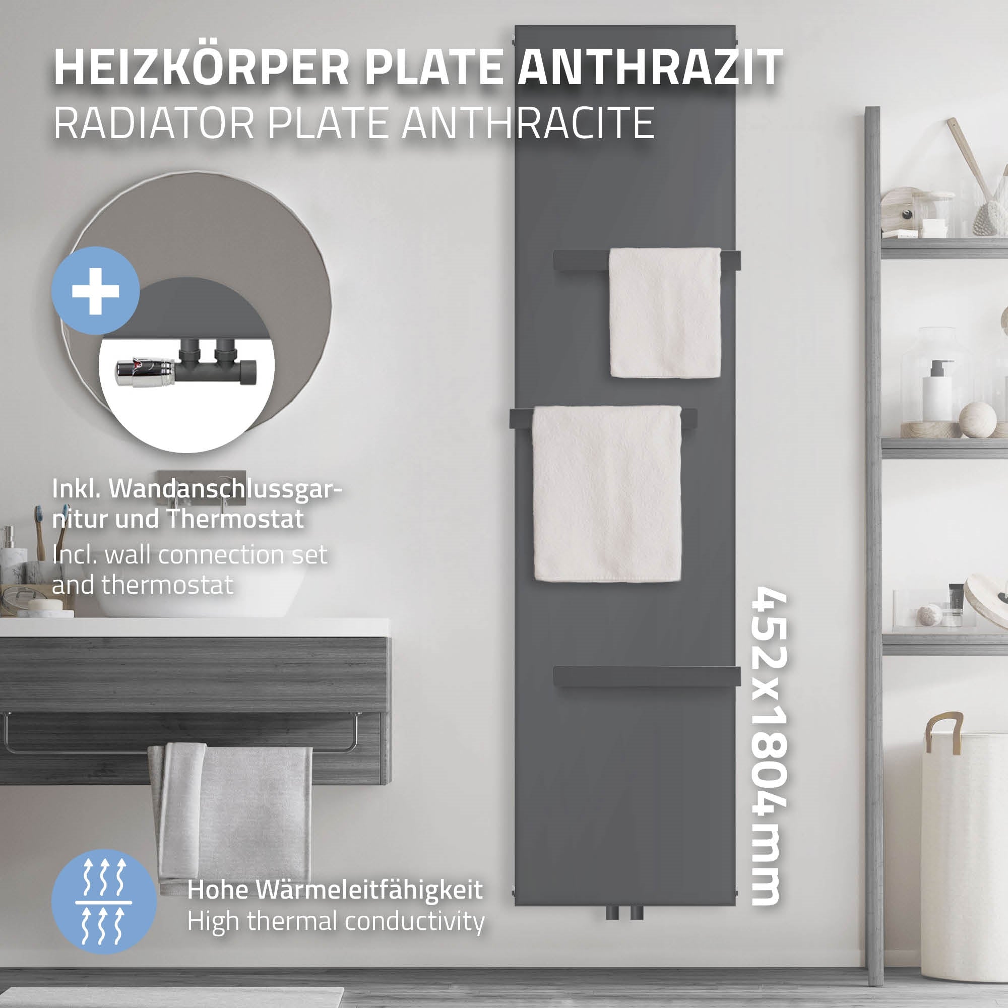 Anthrazitfarbener Heizkörper mit zwei Handtüchern, Maße 452x1804mm.