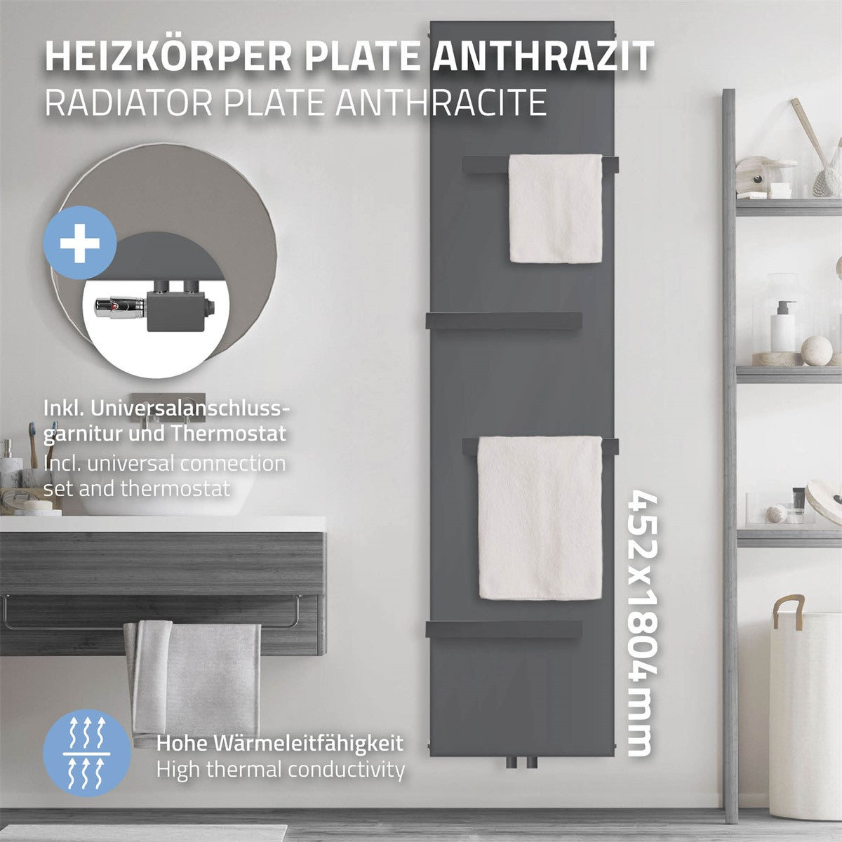 Antracitový radiátor se dvěma ručníky, rozměry 452x1804mm.