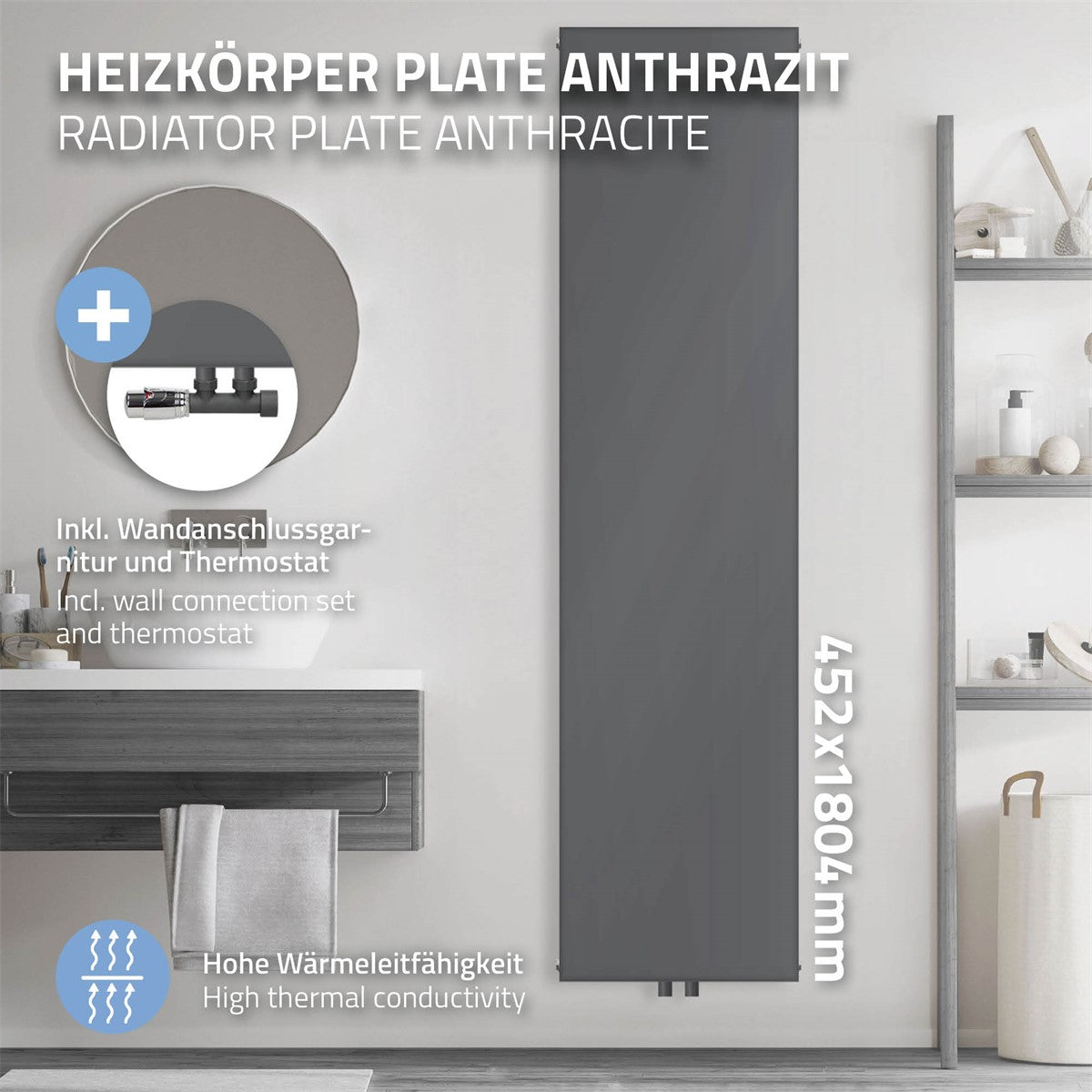 Antracytowy grzejnik z wieszakiem na ręczniki i akcesoriami.