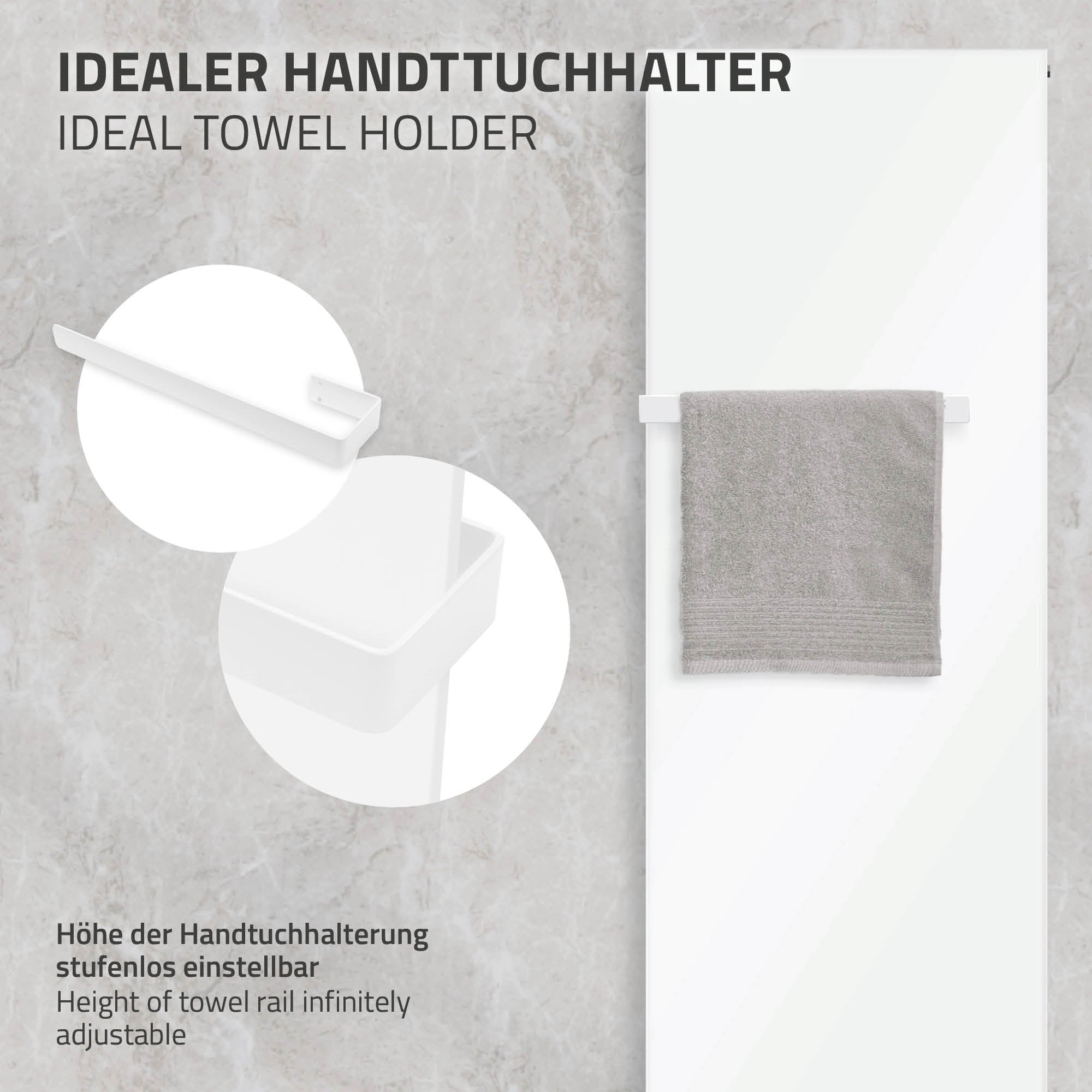 Handdoekhouder aan een witte radiator in een badkamer.