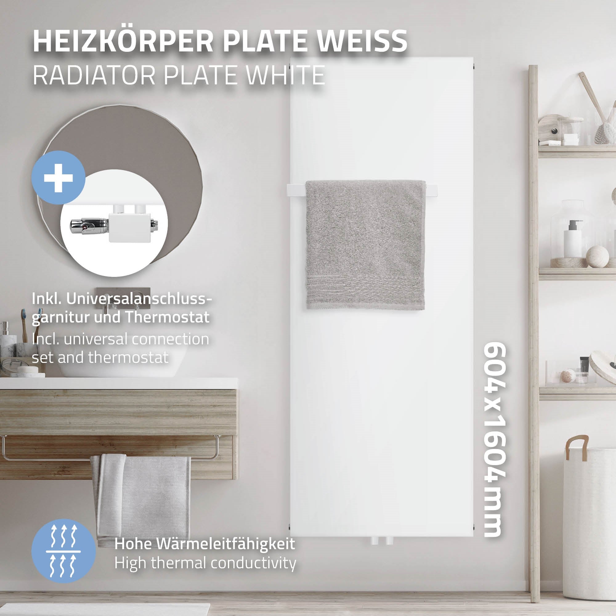 Weißer Heizkörper mit einem Handtuchhalter und Zubehör.