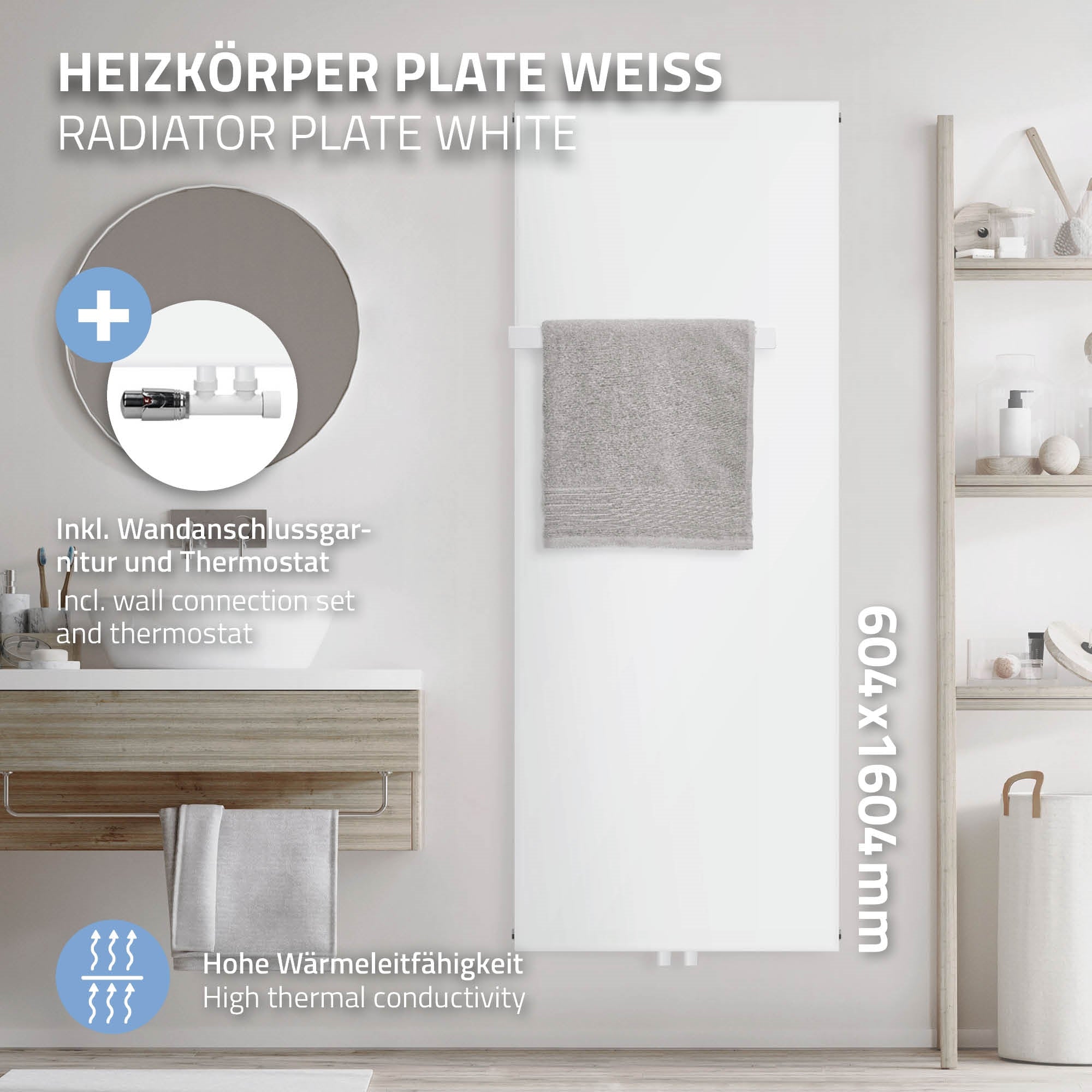 Weißer Heizkörper mit Handtuch und Wandanschluss in einem Badezimmer.