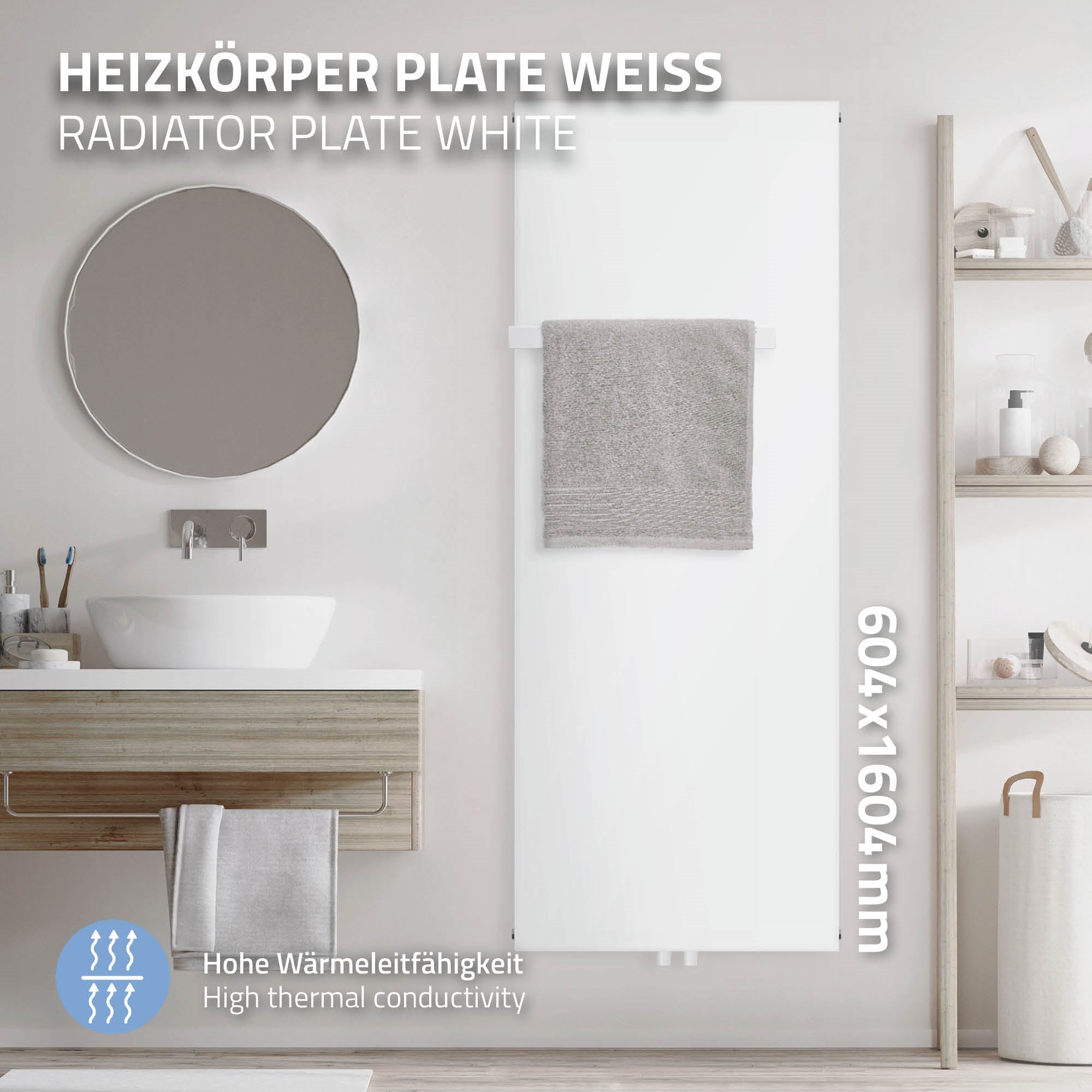 Weißer Heizkörper mit Handtuch, Wandmontage und Zubehör.
