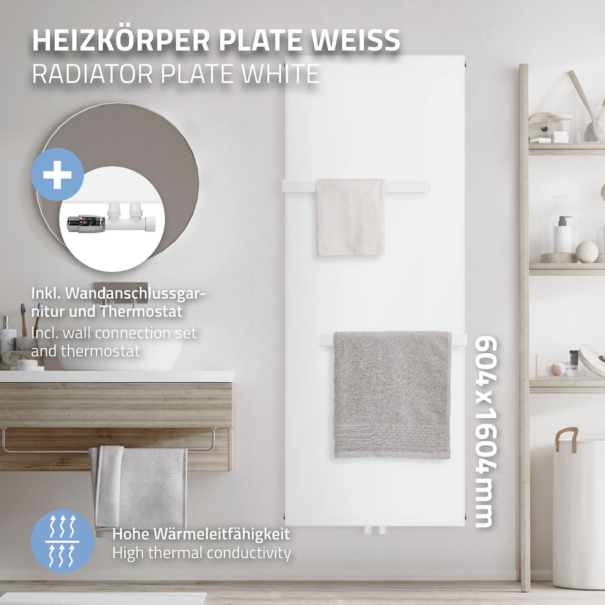 Weißer Heizkörper mit Wandanschluss und Thermostat, Handtücher hängen daran.