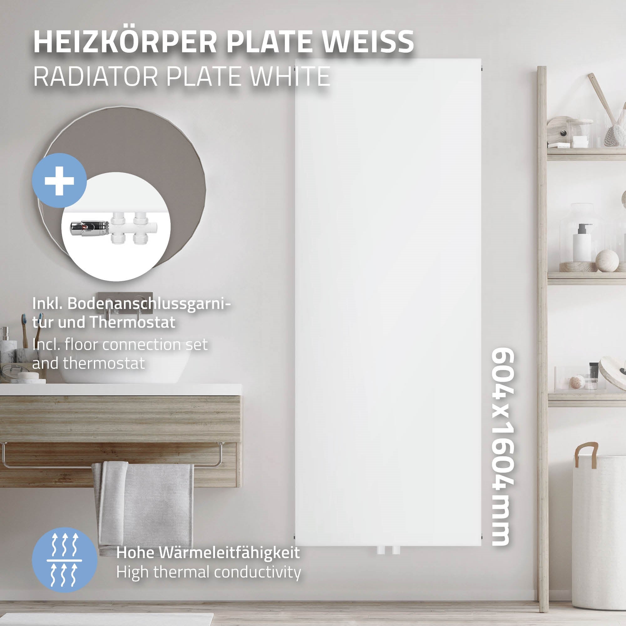 Weißer Heizkörper mit Bodenanschluss und Thermostat, auf einem Badezimmerregal.