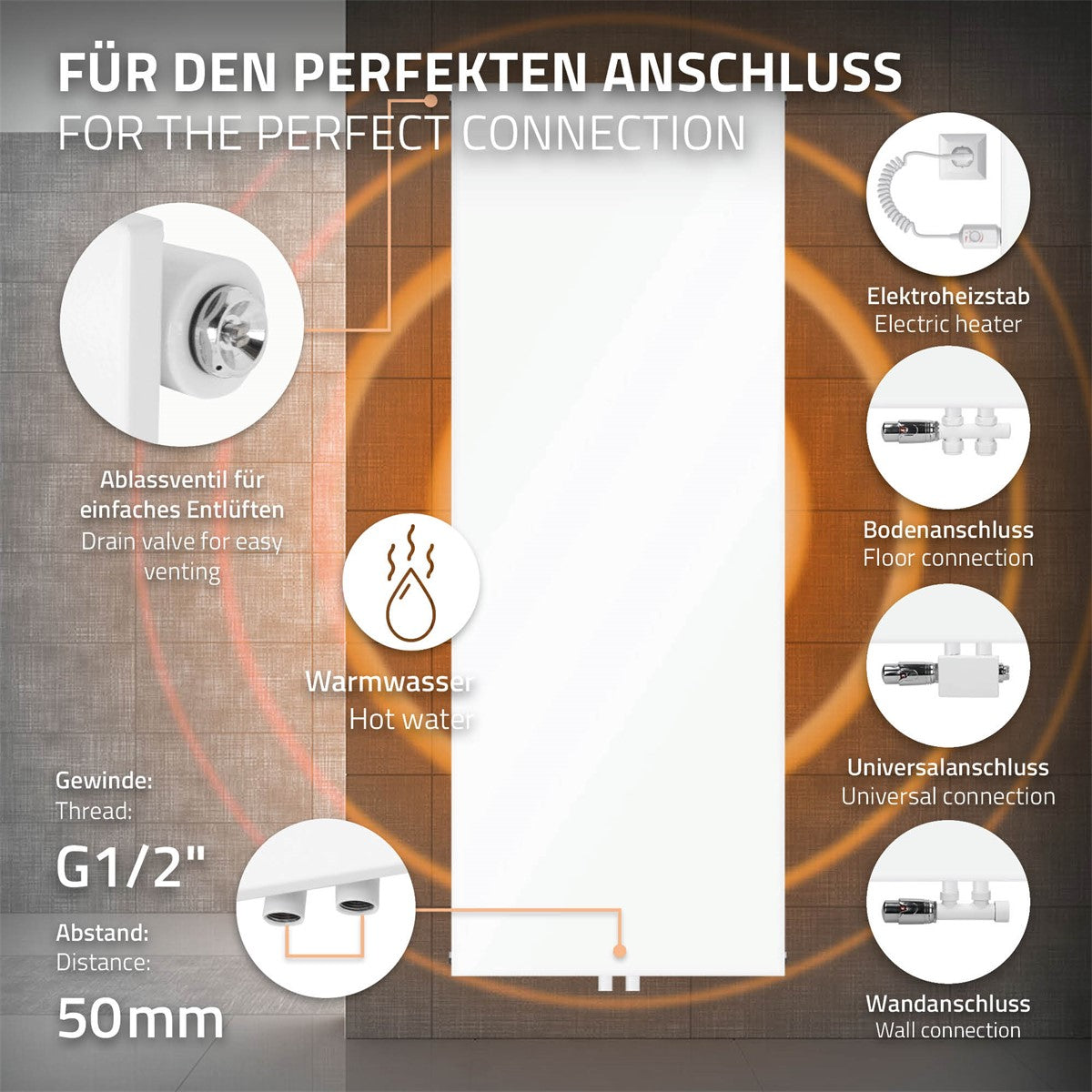 Diagramm mit Anschlussmöglichkeiten für einen Heizkörper.