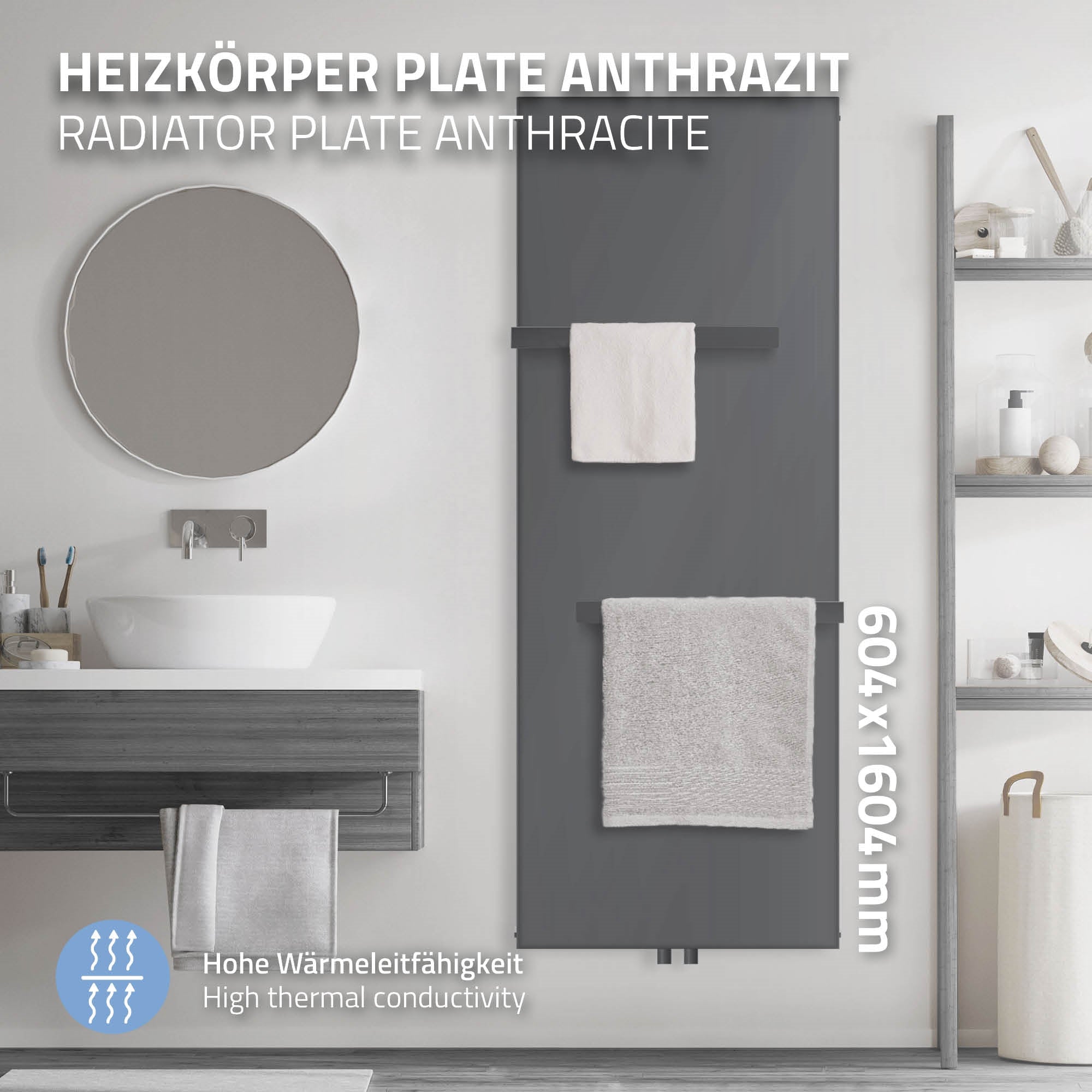 Anthrazitfarbene Heizkörperplatte mit Handtuchhaltern und Spiegel.