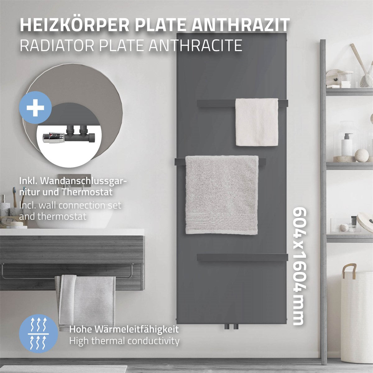 Antracietkleurig radiatorpaneel met handdoekhouders.