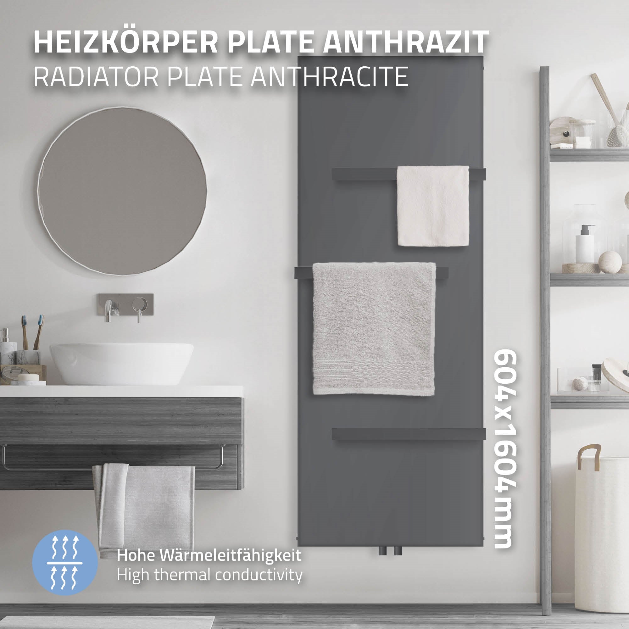 Anthrazitfarbener Heizkörper mit Handtuchhalter und Spiegel im Badezimmer.