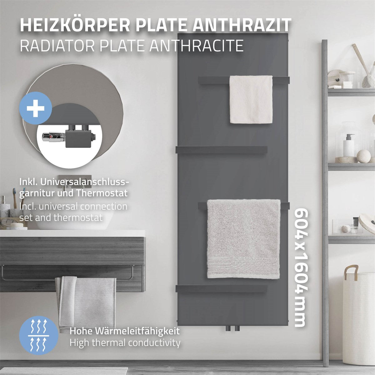 Radiator panel in anthracite with accessories and dimensions.