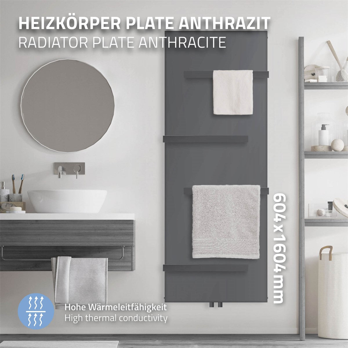 Anthrazitfarbener Heizkörper mit Handtüchern in einem modernen Badezimmer.