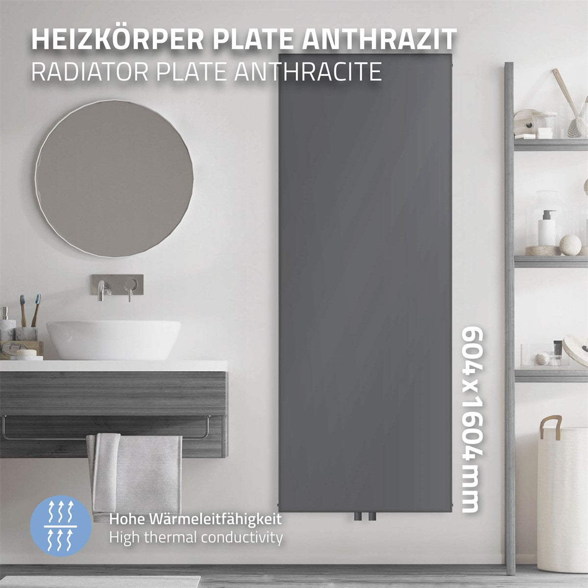 Antracitfarvet radiator på et moderne badeværelse.