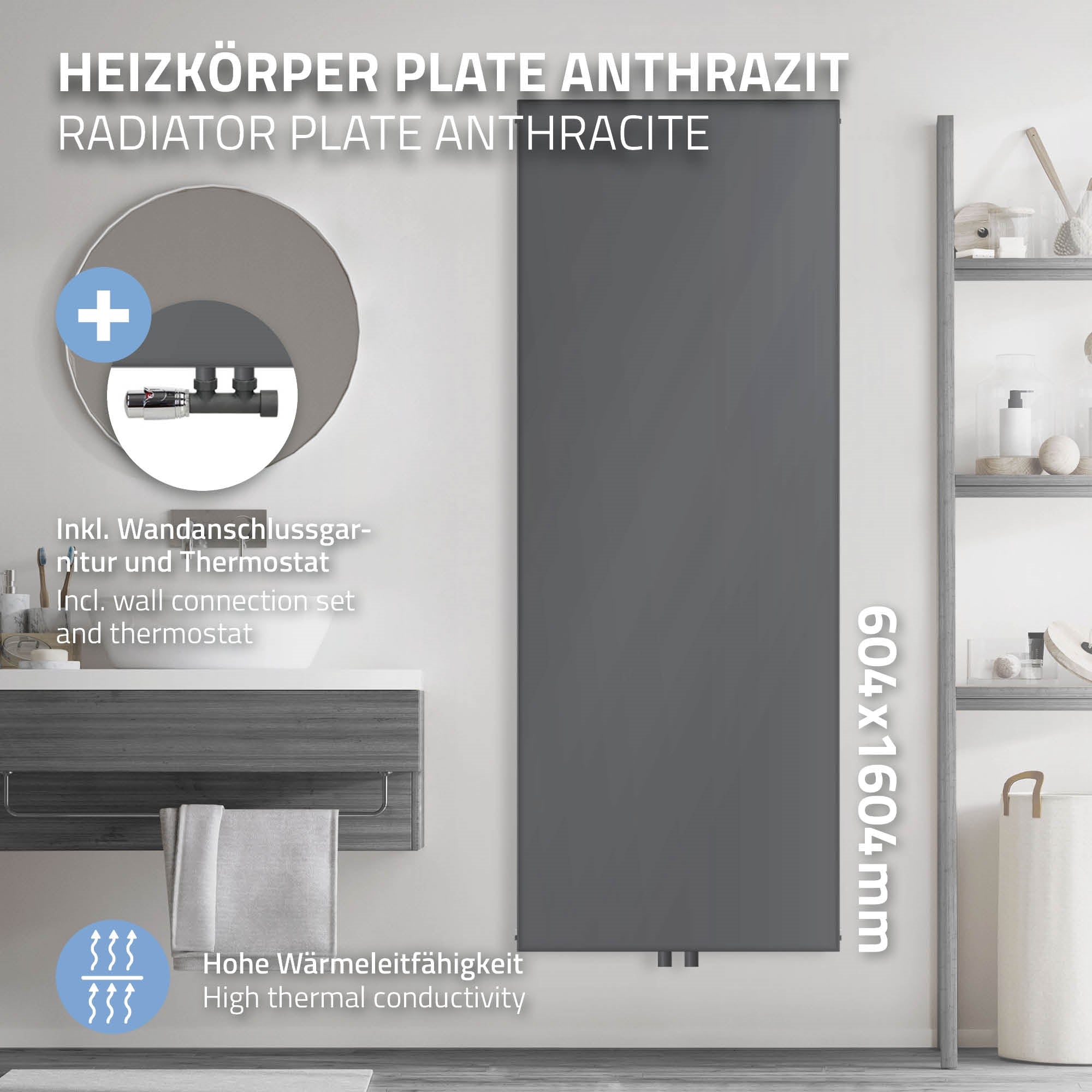 Ein anthrazitfarbener Heizkörper mit Handtuchhaltern und technischen Details.