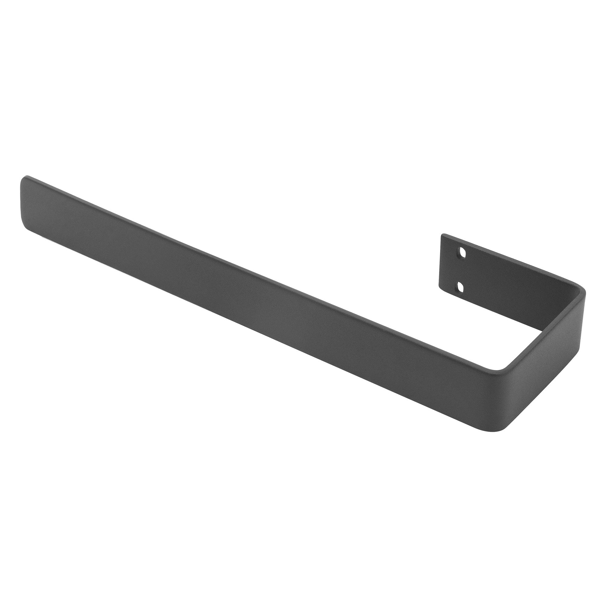 Ein anthrazitfarbener Handtuchhalter in L-Form.