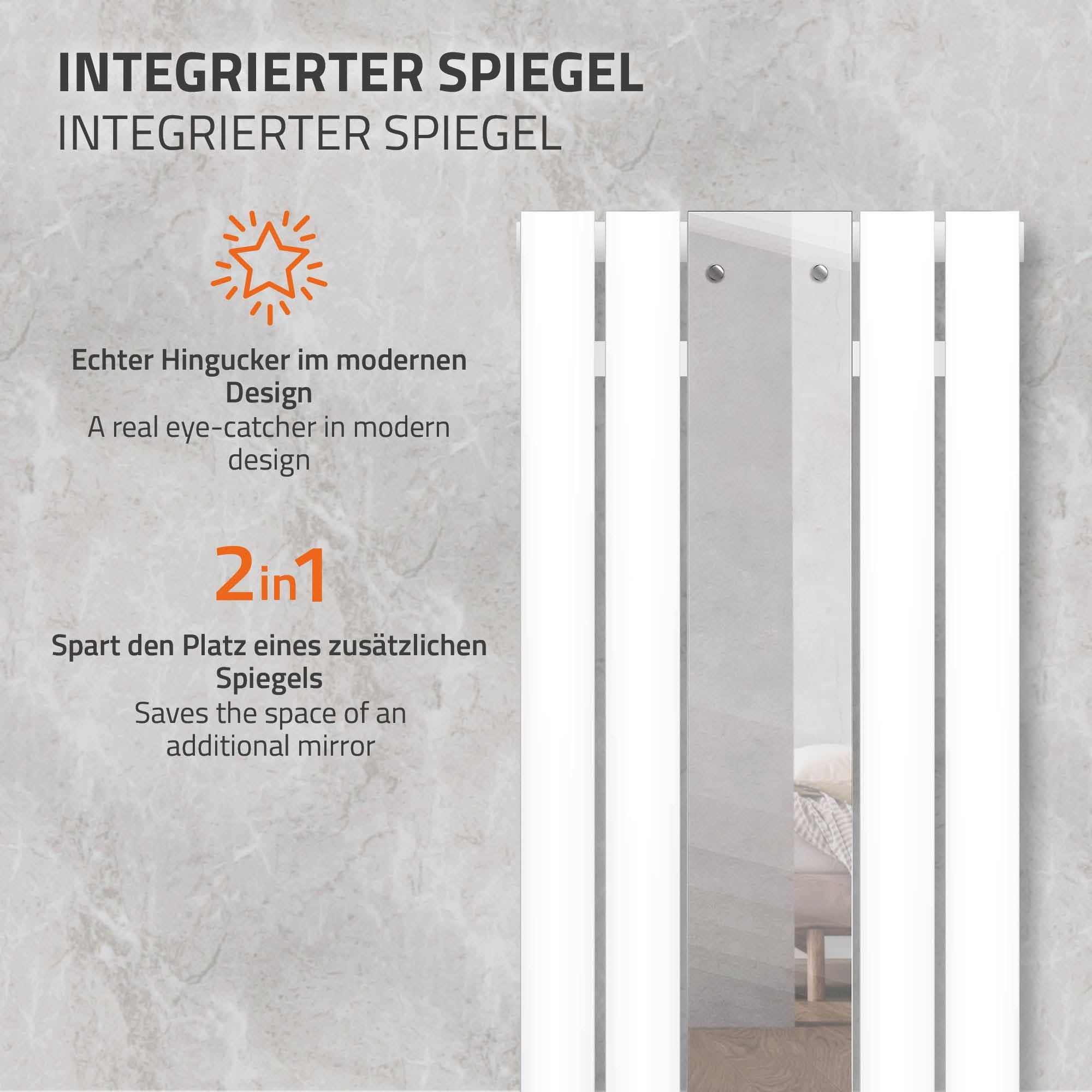 Weißer Heizkörper mit integriertem Spiegel, modernes Design.