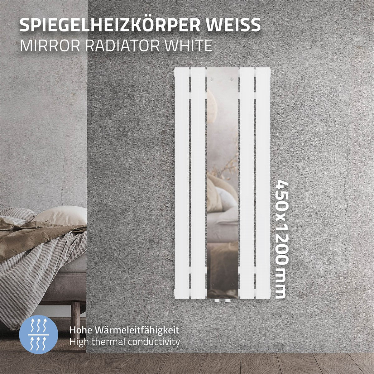 Radiateur miroir blanc, dimensions 450 × 1200 mm, conductivité thermique élevée.