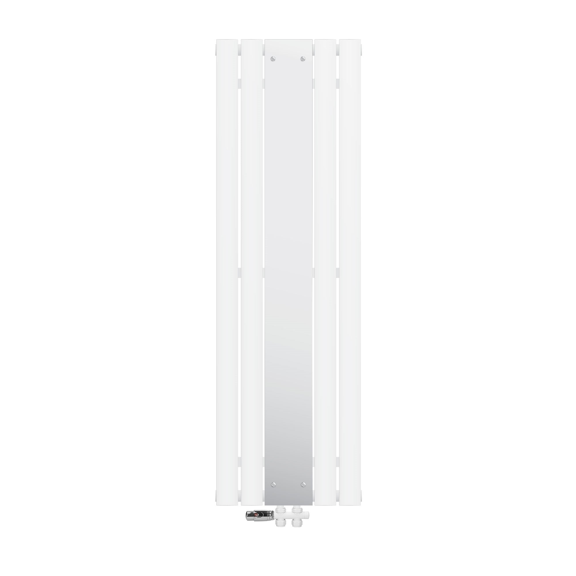 Radiatore a specchio bianco senza sfondo, verticale, con attacco a pavimento.