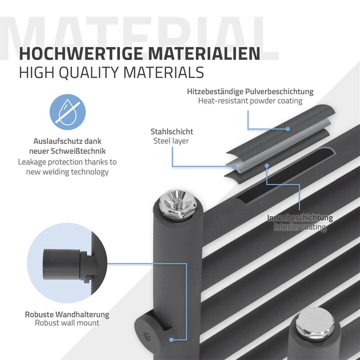 Detailansicht eines Produkts mit Informationen zu Materialien und Eigenschaften.