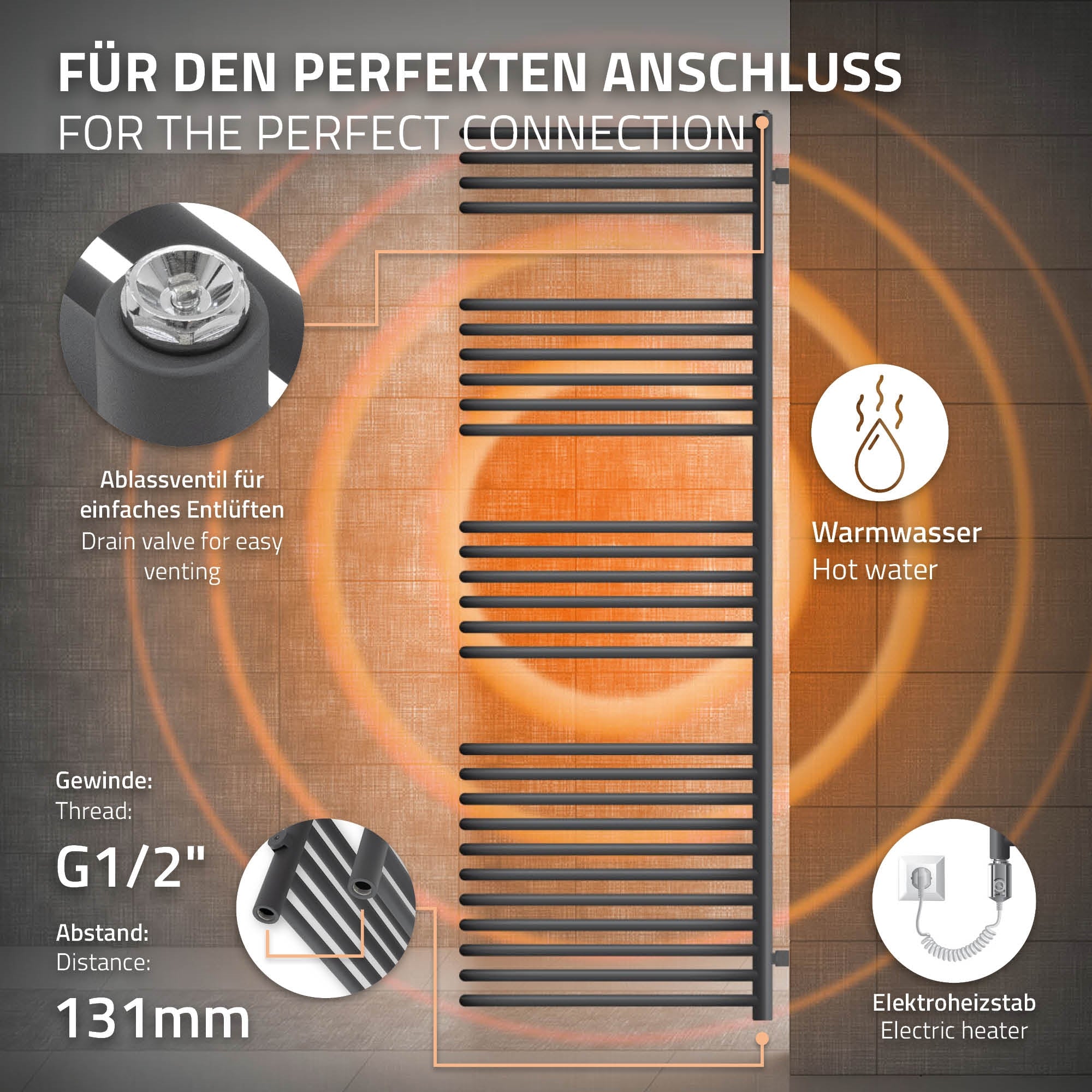 Radiateur avec un design noir et des détails techniques.