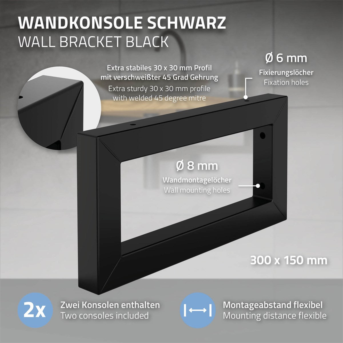 Schwarze Wandkonsole mit Maßen und Montagehinweisen auf einem hellen Hintergrund.