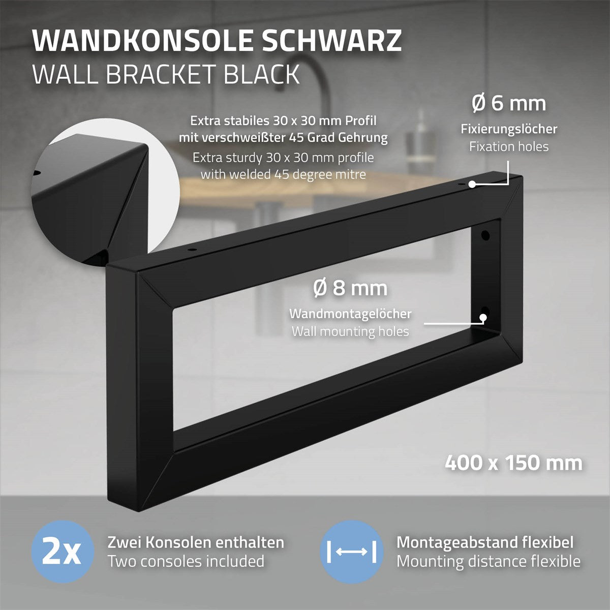 Grafik mit Details zur Wandkonsole in Schwarz.