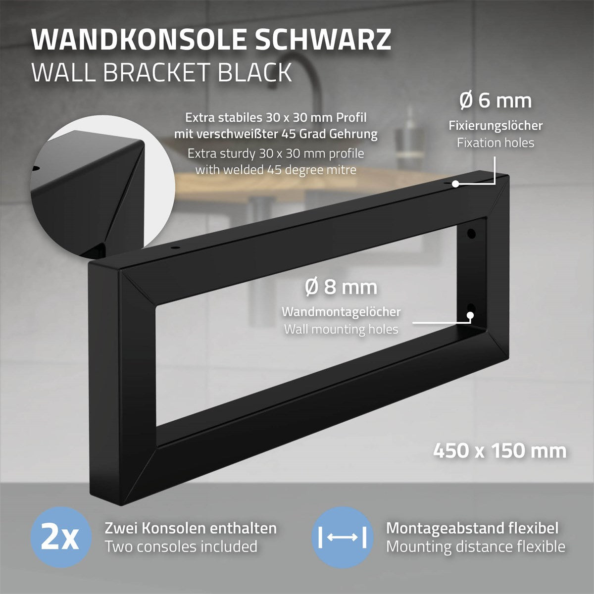 Schwarze Wandkonsole mit Fixierungs- und Wandmontagelöchern.