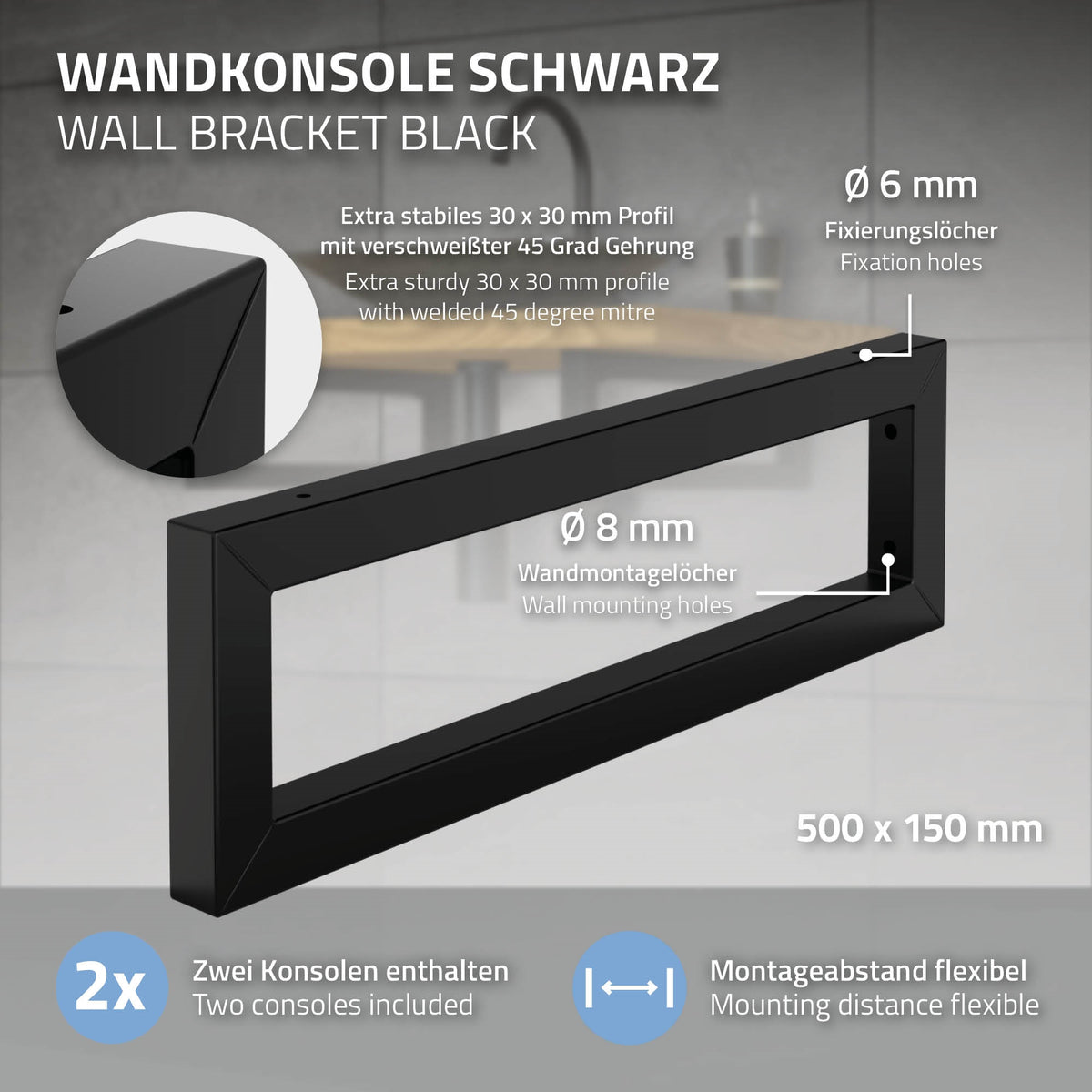 Schwarze Wandkonsole mit Maßen und Montagehinweisen.