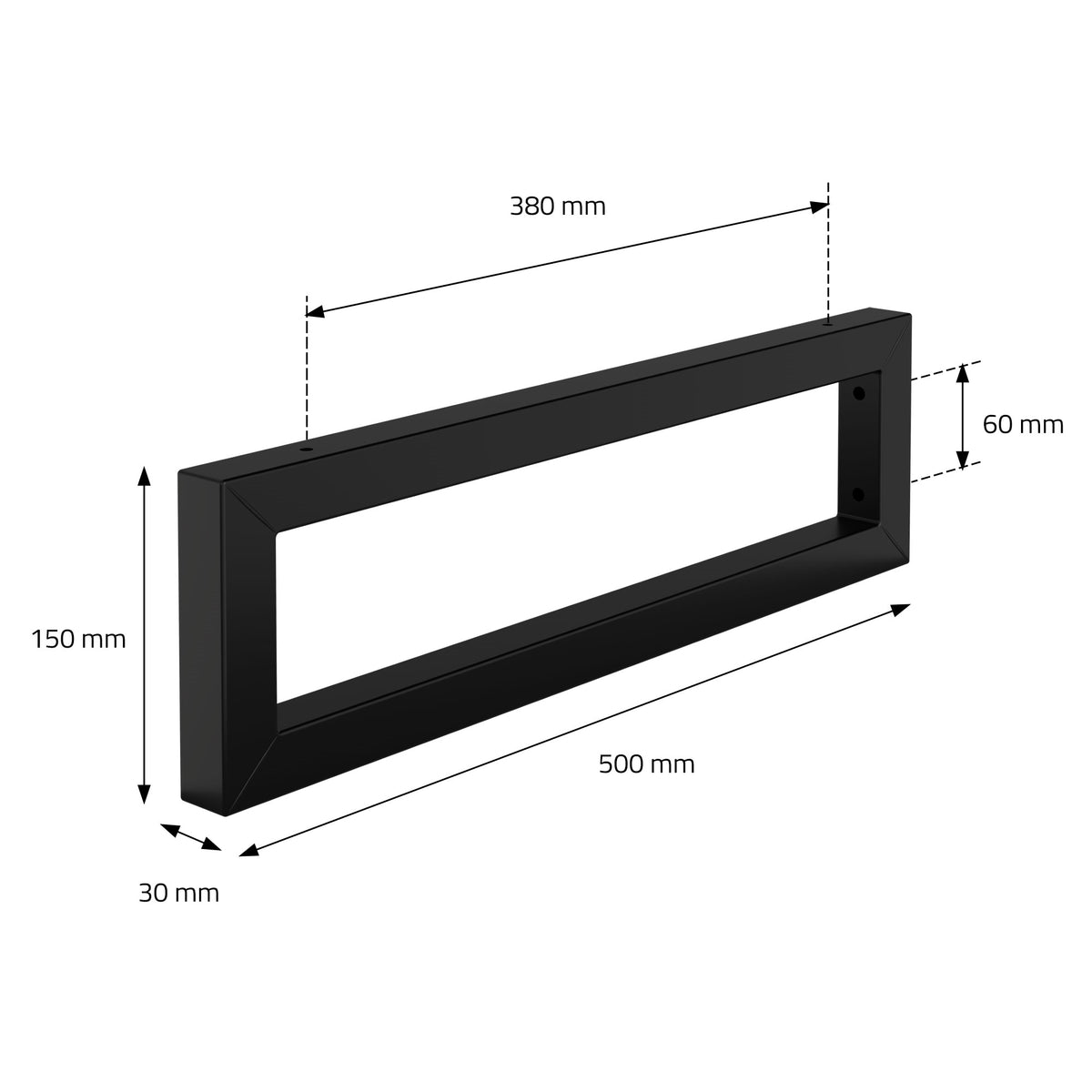 Schwarzer Rahmen mit Maßen: 380 mm x 150 mm x 30 mm, zwei Löcher zur Befestigung.