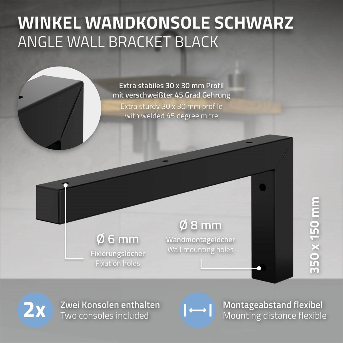 Zwarte hoekwandconsole met afmetingen en bevestigingsgaten.