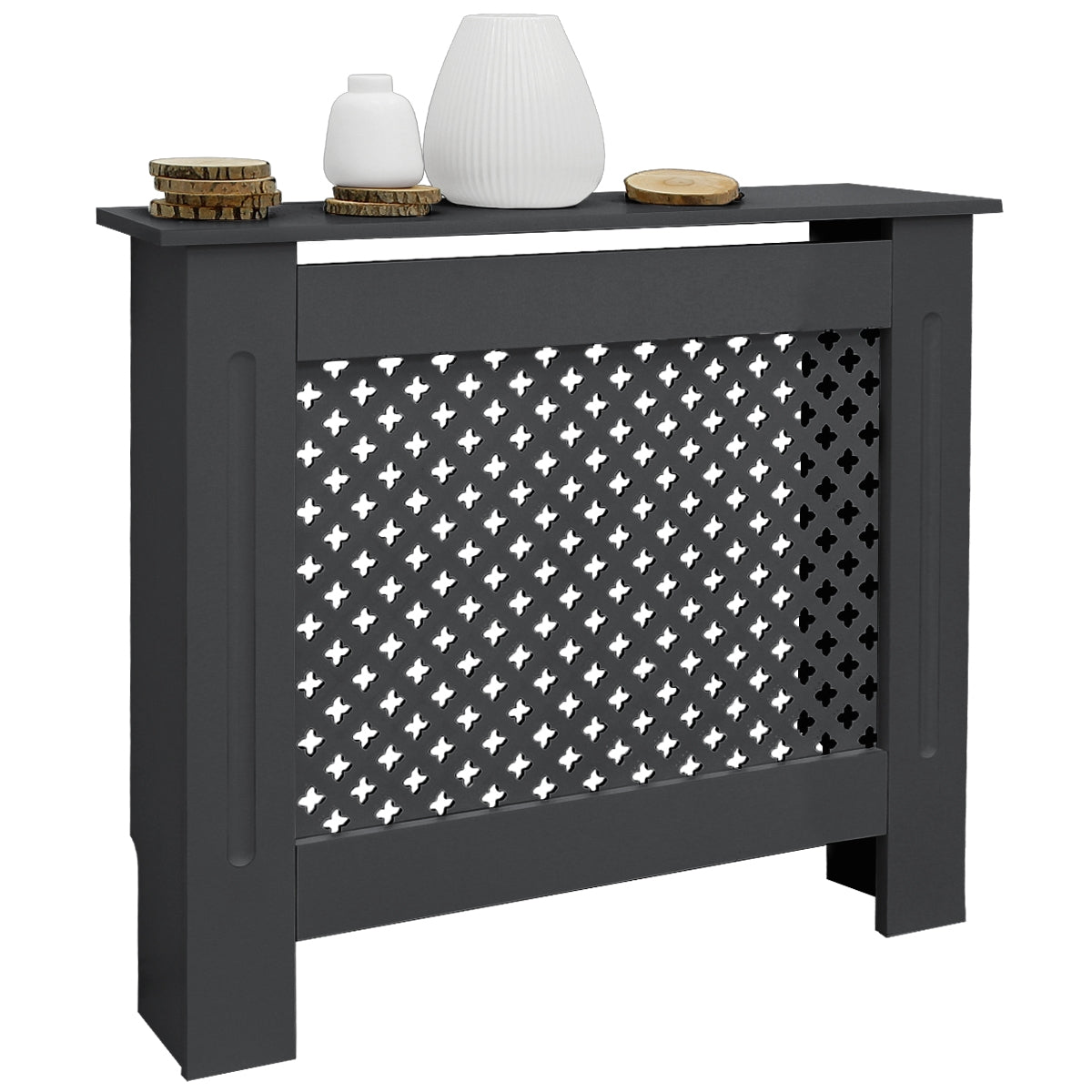 Schwarze Heizkörperverkleidung mit durchbrochenem Muster und Dekoration.