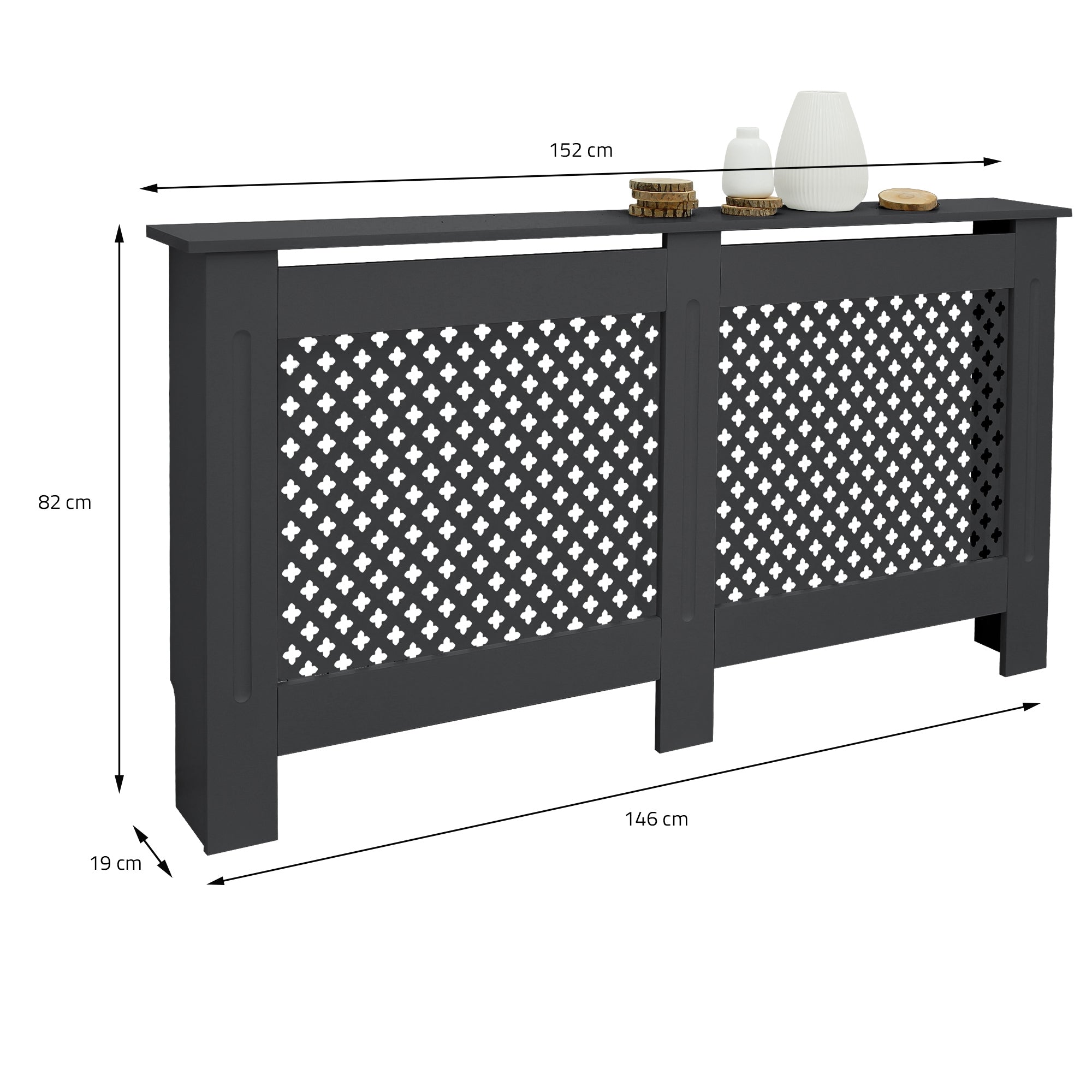 Zwarte radiatorbekleding met decoratief patroon, afmetingen: 152 cm x 82 cm x 19 cm.