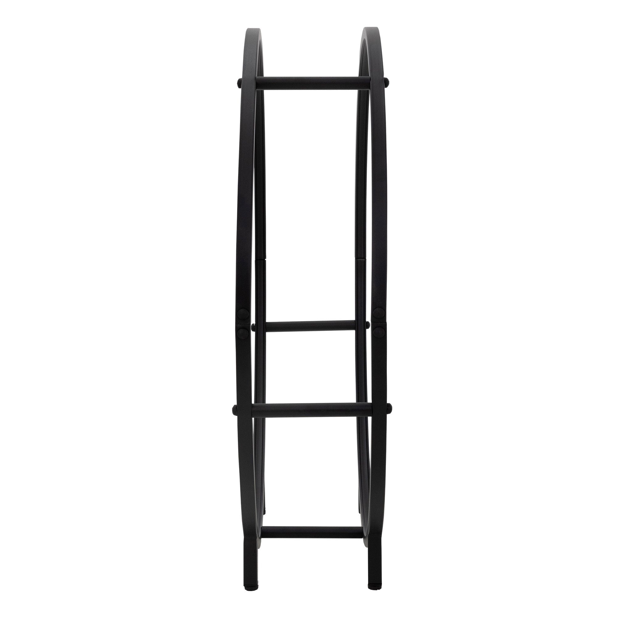 Sidevisning af en sort trælagerstander, rund og minimalistisk.