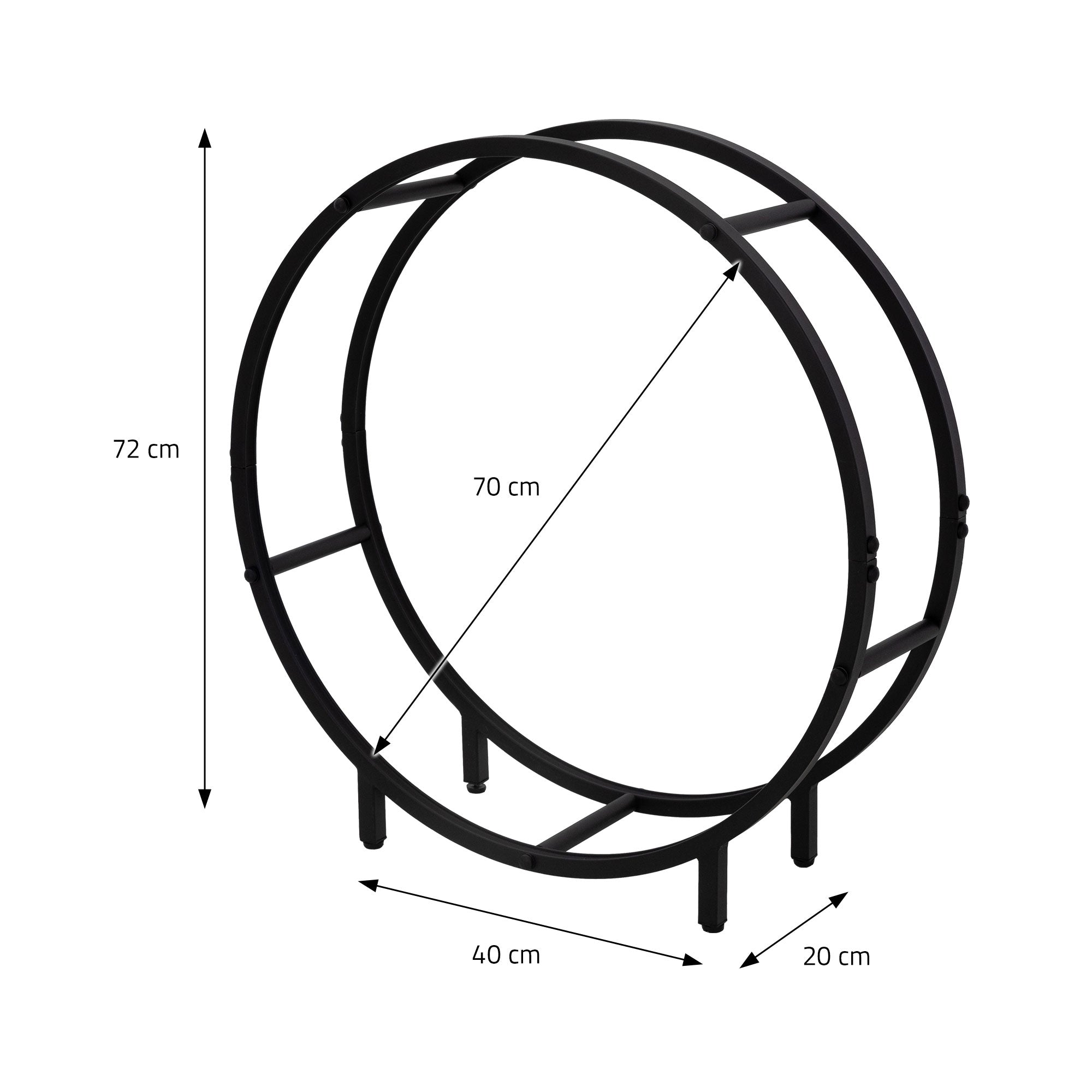 Sort trælagerstander med mål 72 cm høj og 70 cm i diameter.