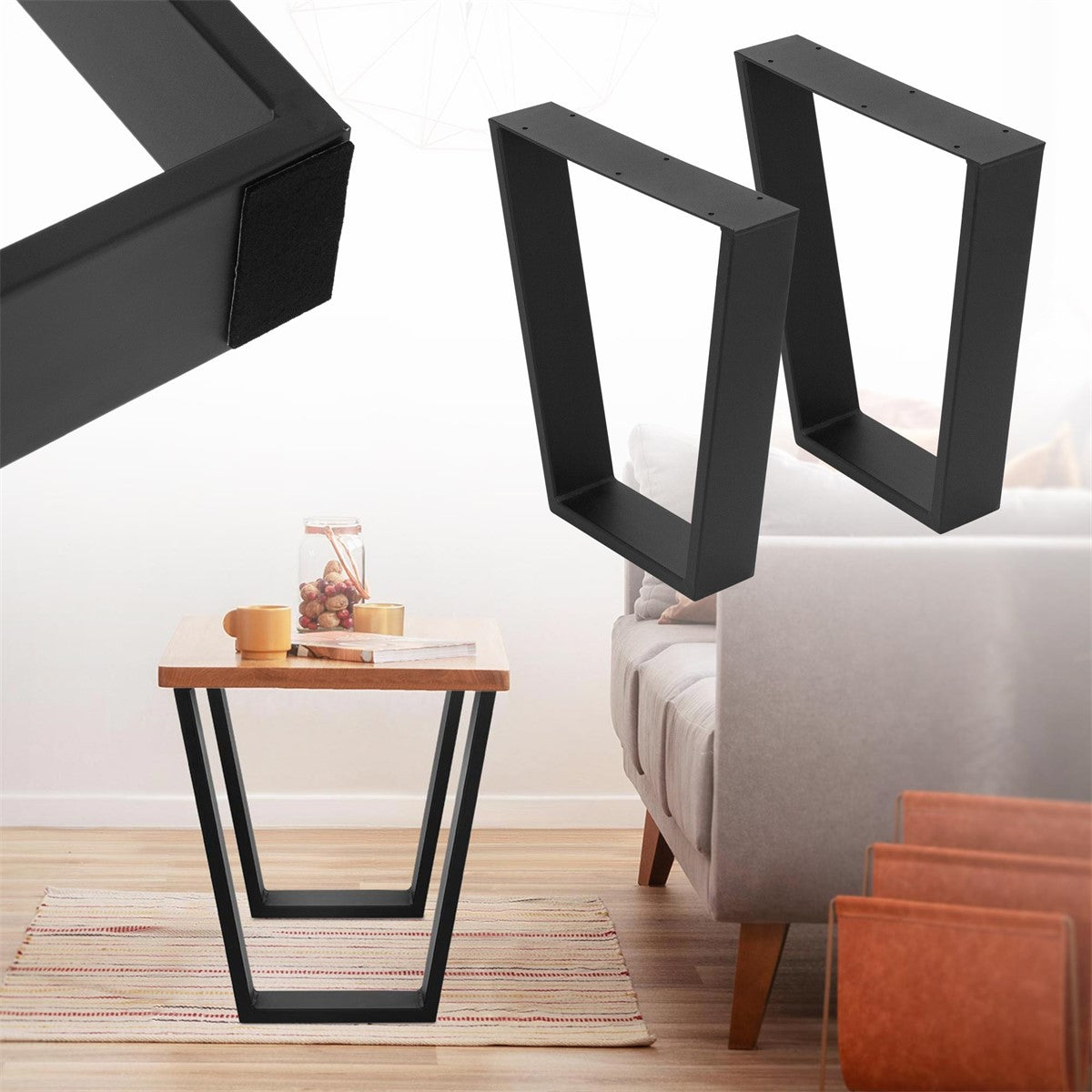 Twee zwarte metalen onderstellen en een houten tafel in een moderne woonkamer.