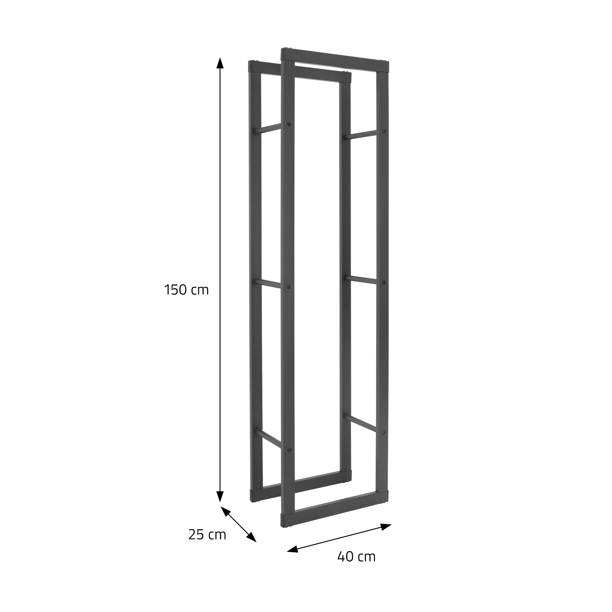 Schwarzer Holzstapelhalter mit Abmessungen 150 cm x 40 cm x 25 cm.