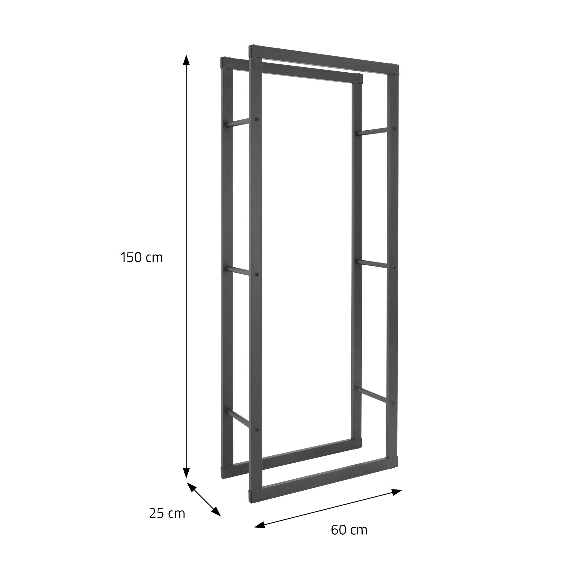 Schwarzer Holzstapelhalter mit Abmessungen 150 cm x 60 cm x 25 cm.