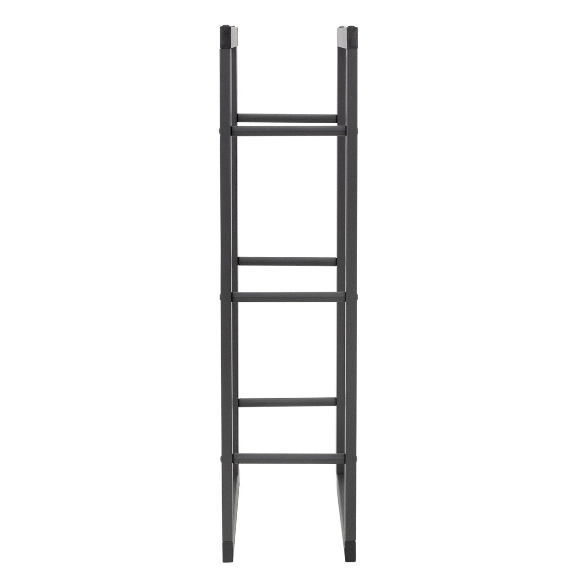 Seitenansicht eines schmalen, schwarzen Holzregals.