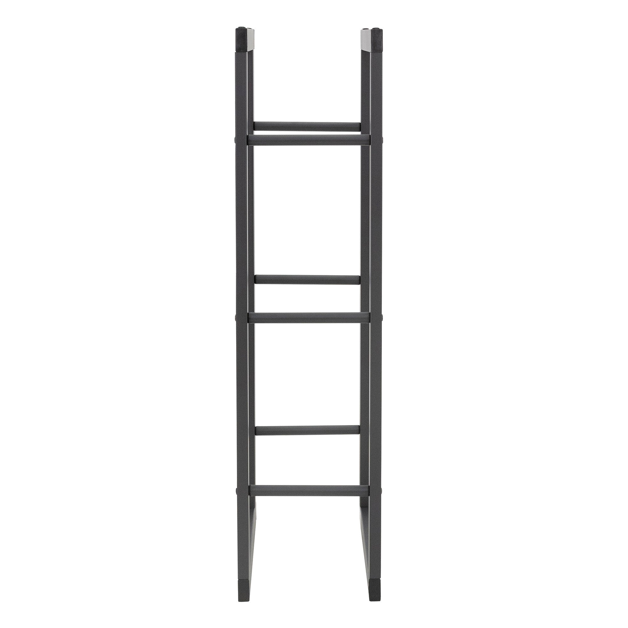 Seitenansicht eines schmalen, schwarzen Holzregals.