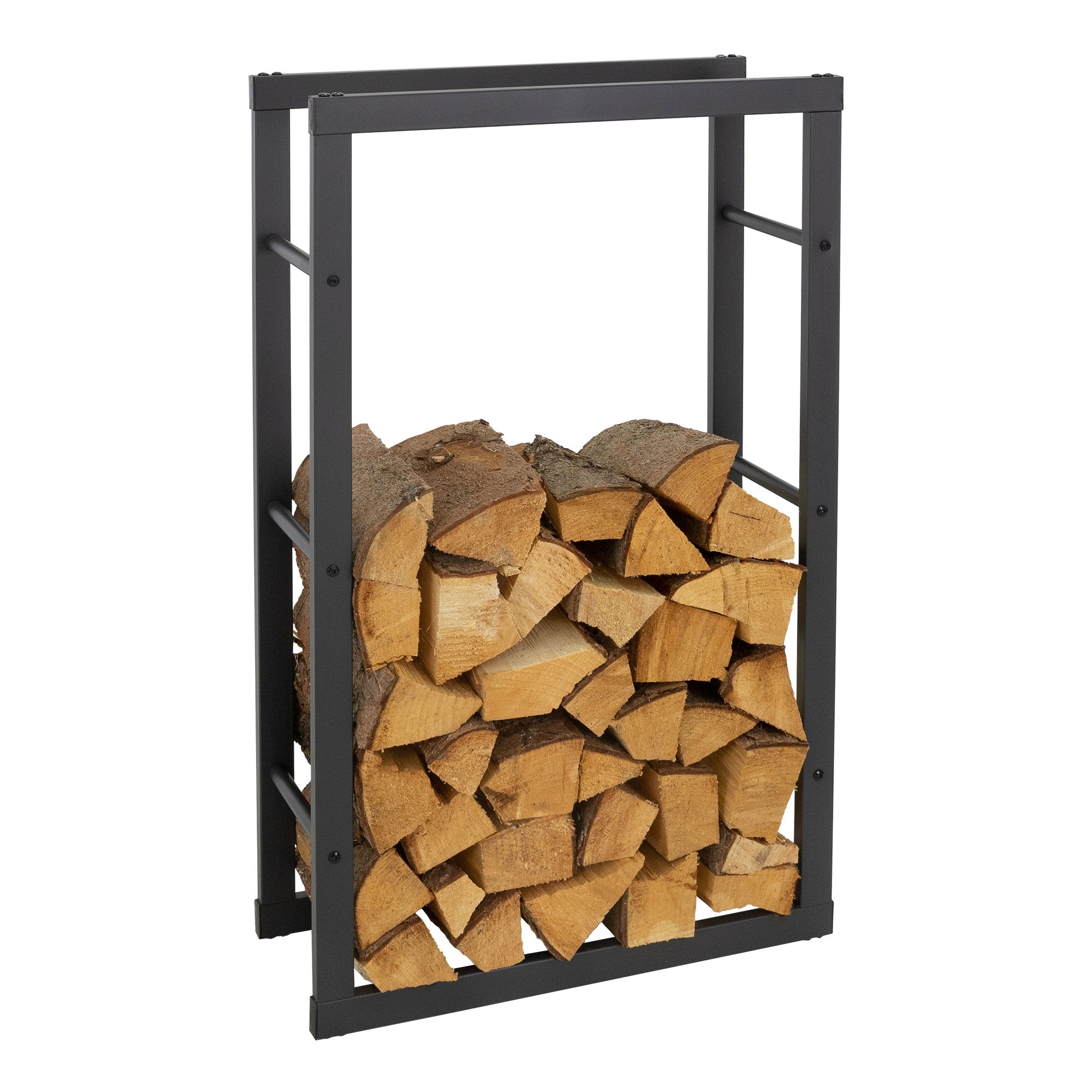 Ein Holzregal mit gestapeltem Holz, schwarz lackiert.