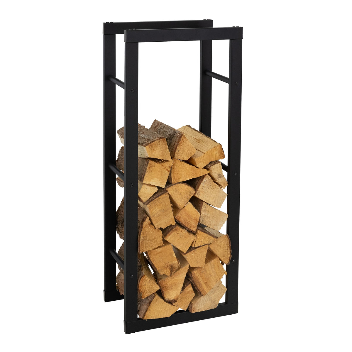 Ein Holzregal mit gestapeltem Holz, schwarz lackiert.