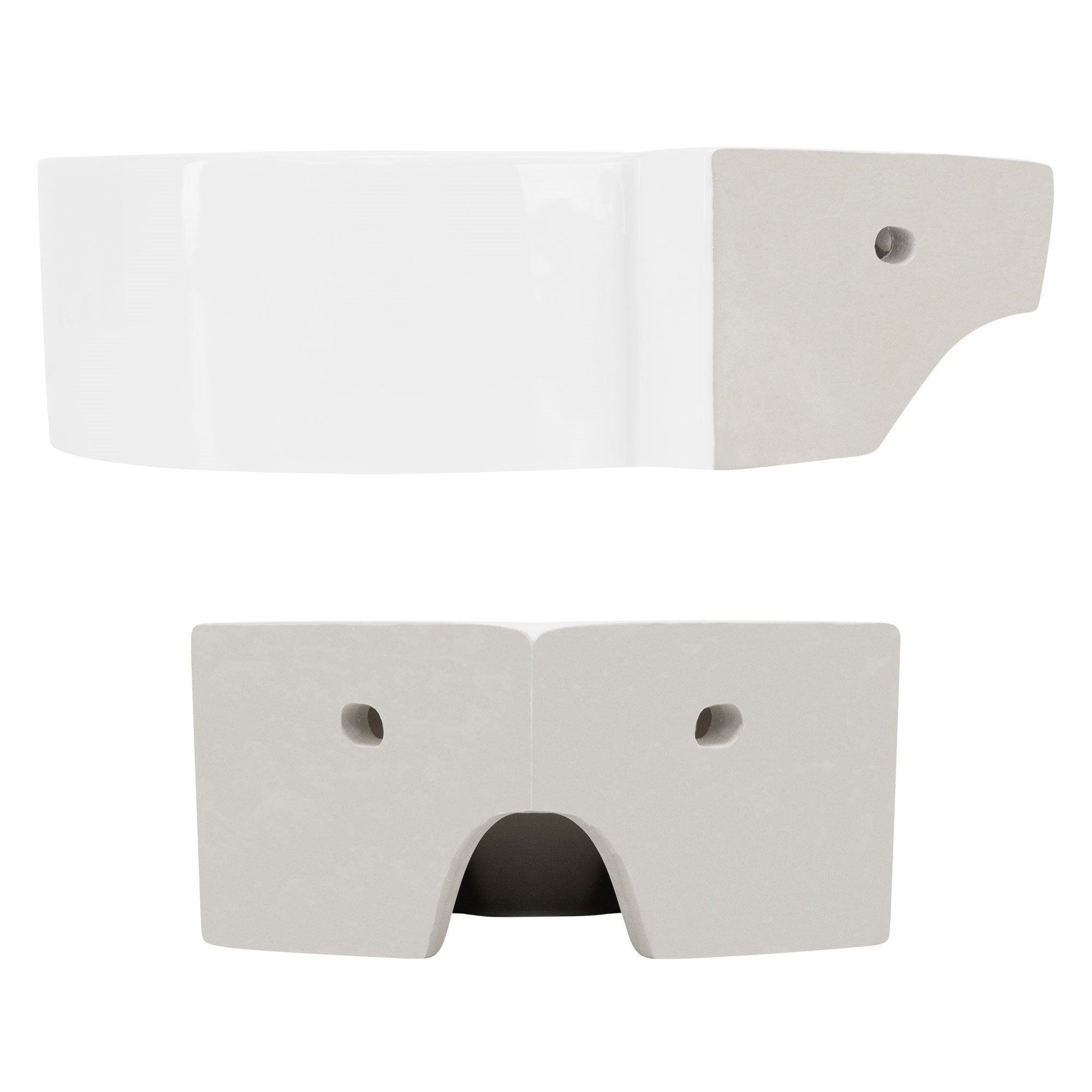 Two sinks, one white and one gray, with drain openings.