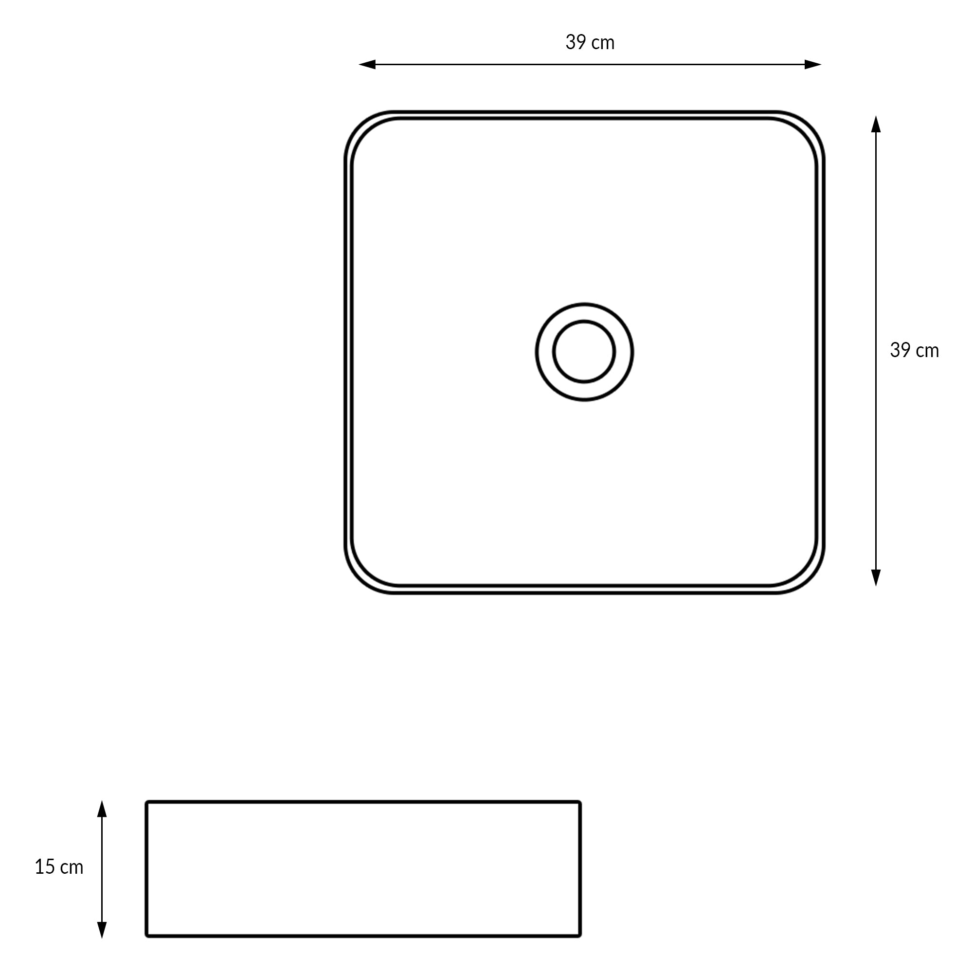Dessin technique d'un lavabo carré avec dimensions.